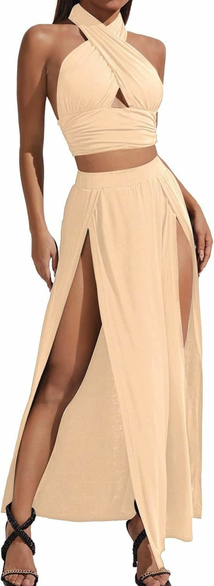 Clearance Verdusa Verdusa Women'S 2 Piece Outfit Crisscross Crop Halter Top And Split Maxi Skirt Sets