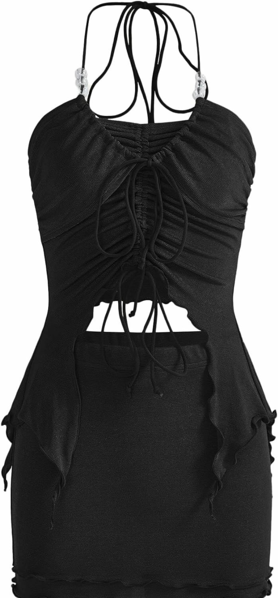 New Verdusa Verdusa Women'S 2 Piece Drawstring Asymmetrical Ruched Crop Halter Top And Skirt Set