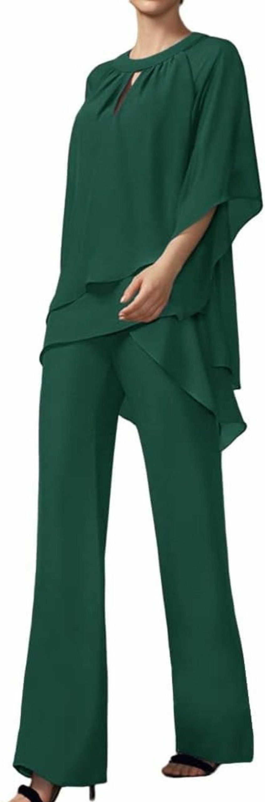 Hot Zongqiven Zongqiven Women'S Elegant Chiffon Pantsuits 2 Pieces Half Sleeve Crew Neck Mother Of Bride Suits