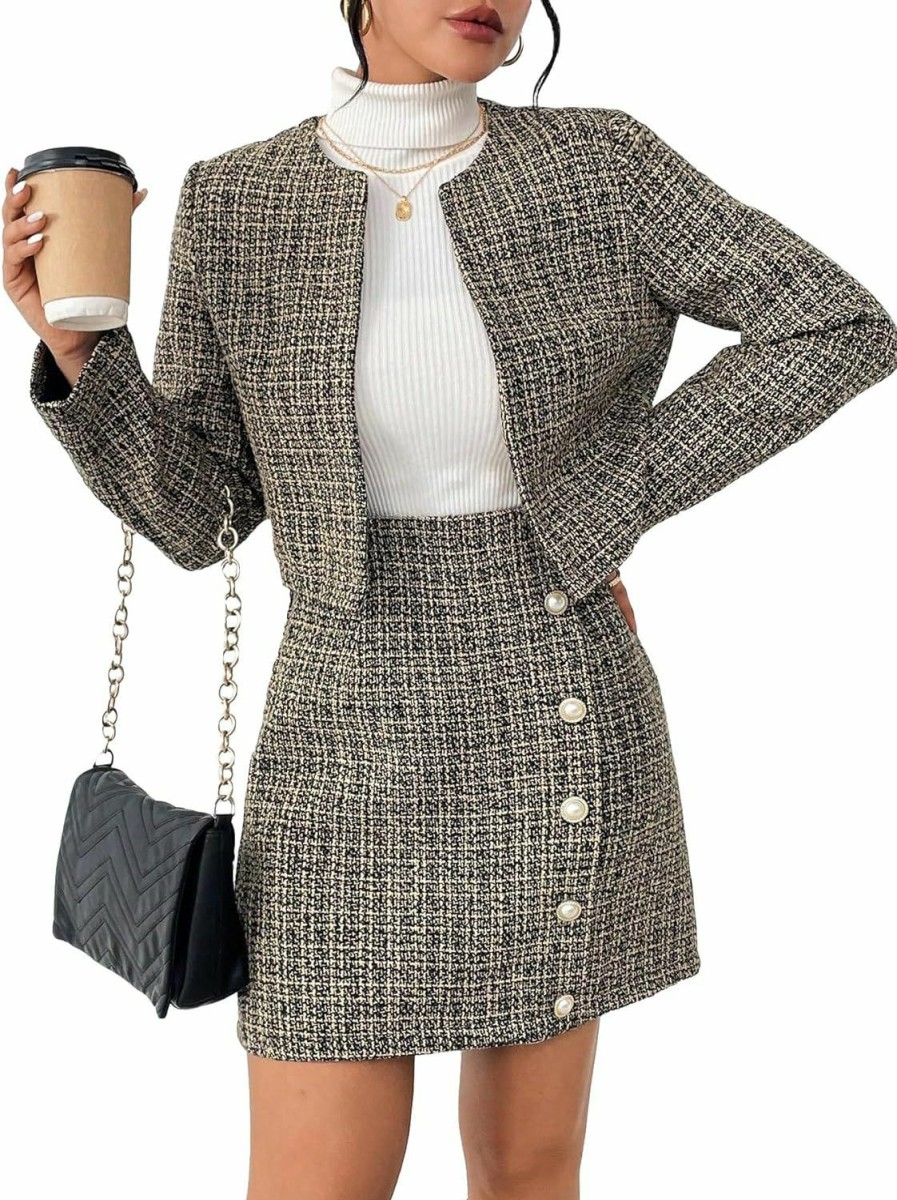 Clearance WDIRARA Wdirara Women'S 2 Piece Outfits Plaid Open Front Jacket And Button Front Mini Skirt Set