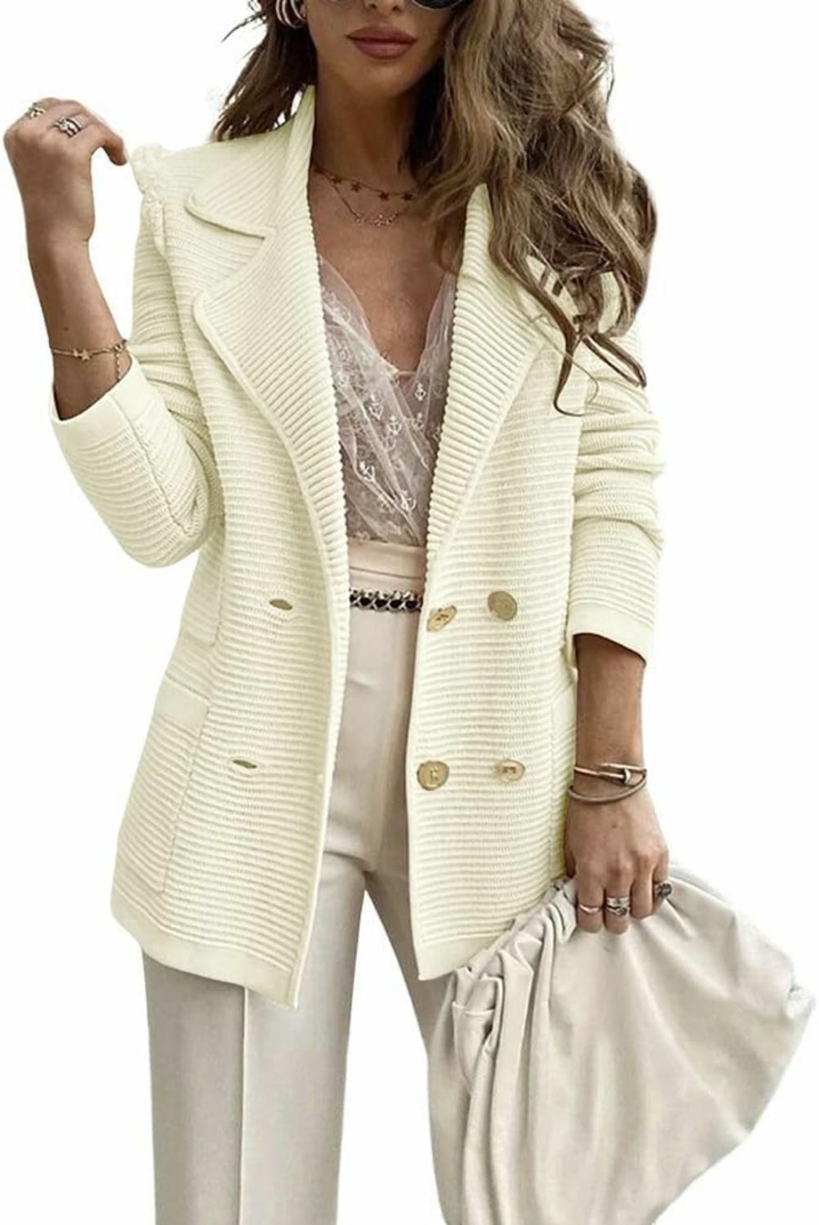 Best chouyatou Chouyatou Women'S Casual Notched Lapel Double Breasted Large Pocket Ribbed Blazer Jacket