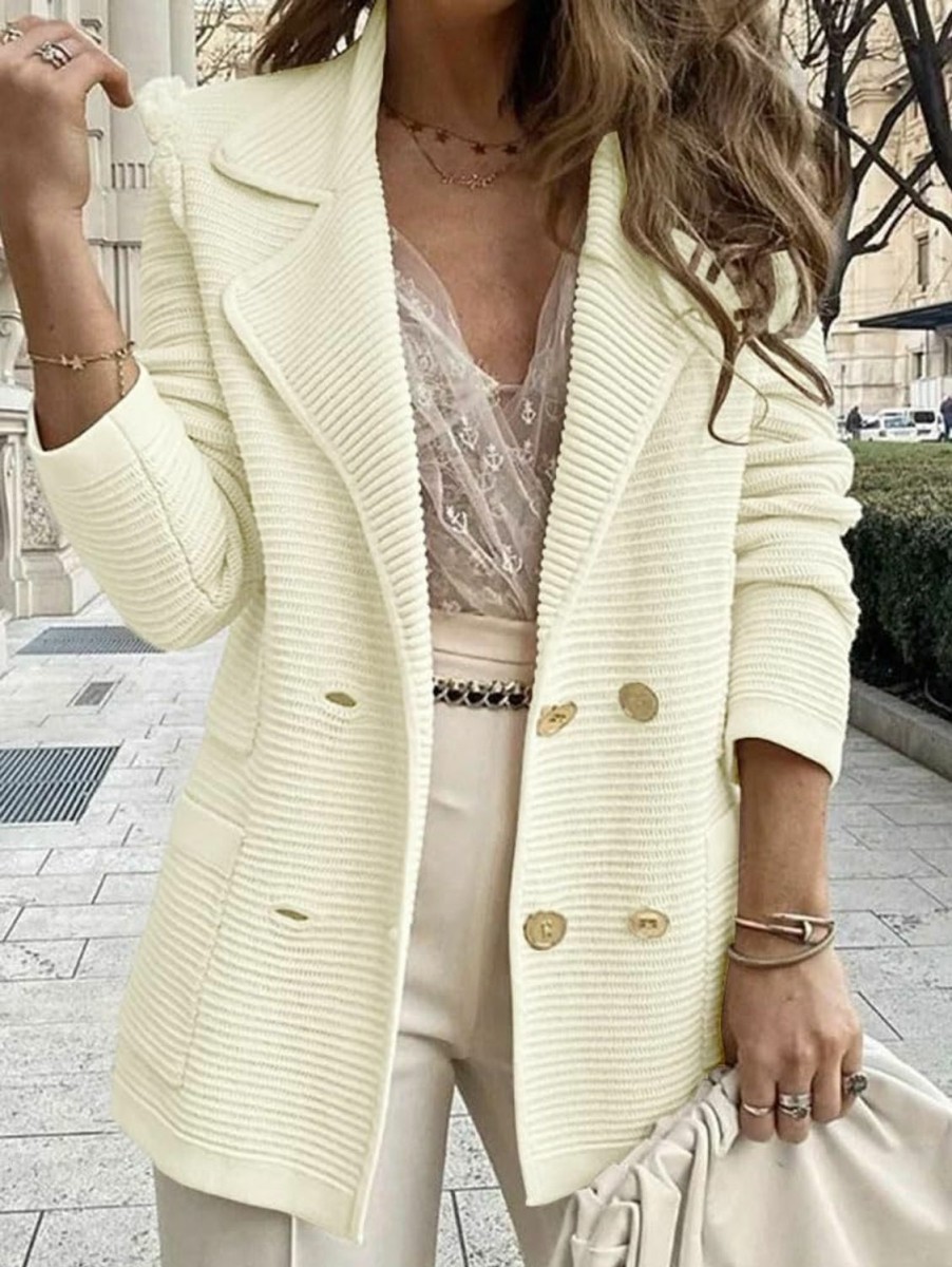 Best chouyatou Chouyatou Women'S Casual Notched Lapel Double Breasted Large Pocket Ribbed Blazer Jacket