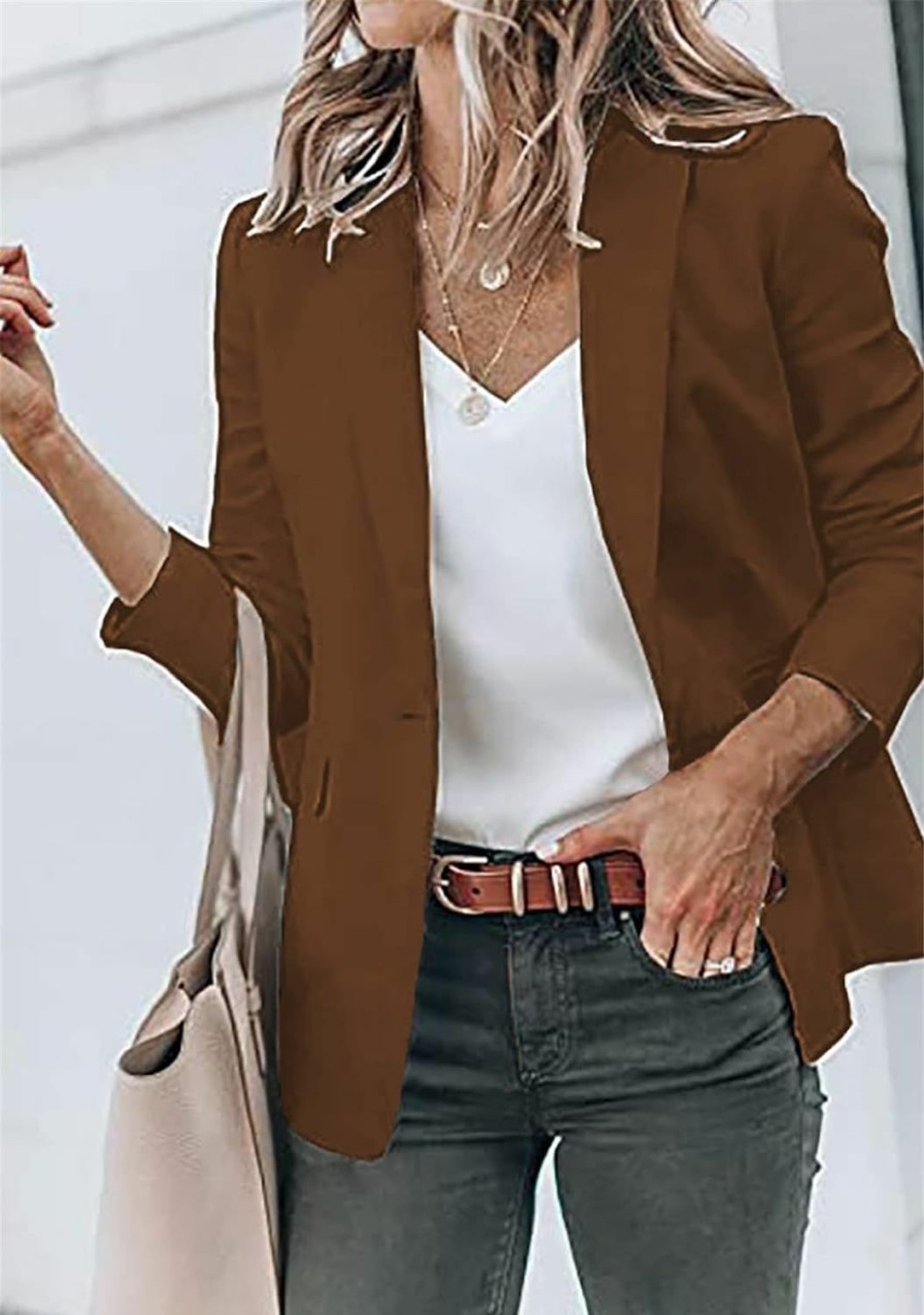 Clearance YMING Yming Women'S Lapel Open Front Work Blazer One Button Long Sleeve Jackets Office Solid Color Cardigan With Pockets