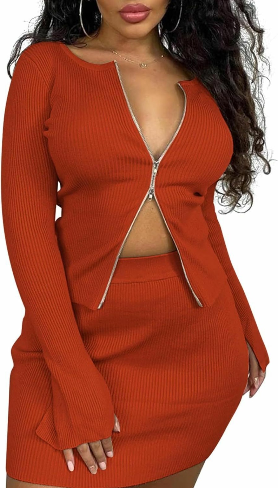 Hot KOJOOIN Kojooin Women'S 2 Piece Outfits Fall Long Sleeve Ribbed Crop Tops And Bodycon High Waist Mini Skirt Set Double Zipper Sweater