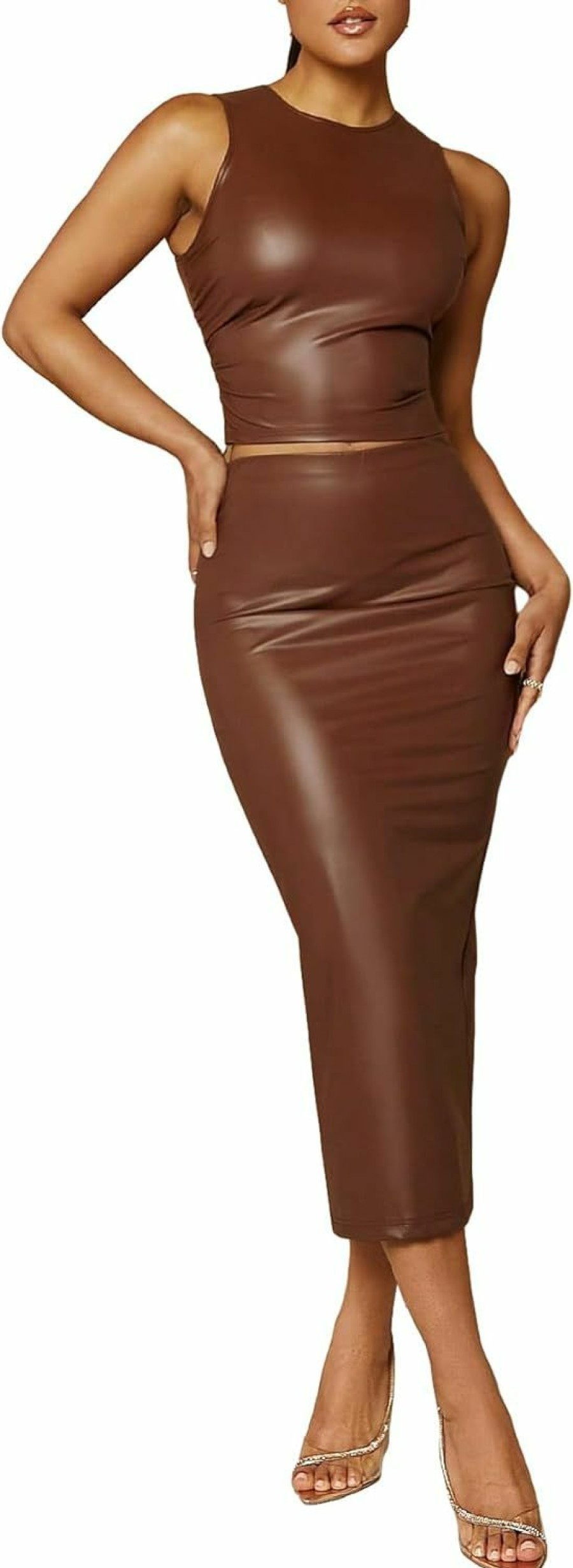 Wholesale Verdusa Verdusa Women'S 2 Piece Outfit Pu Leather Crop Tank Top And Long Bodycon Skirt Sets