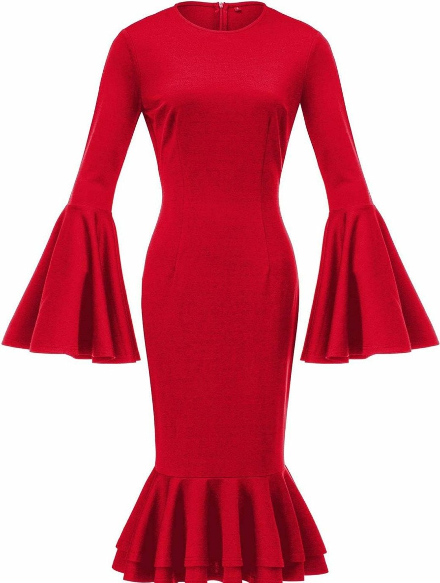 Best HongyuAmy Women'S Bell Sleeve Fishtail Dresses Bodycon Cocktail Party Pencil Dress