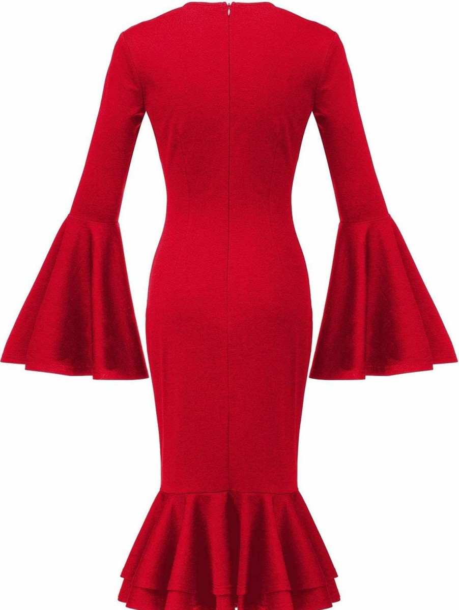 Best HongyuAmy Women'S Bell Sleeve Fishtail Dresses Bodycon Cocktail Party Pencil Dress