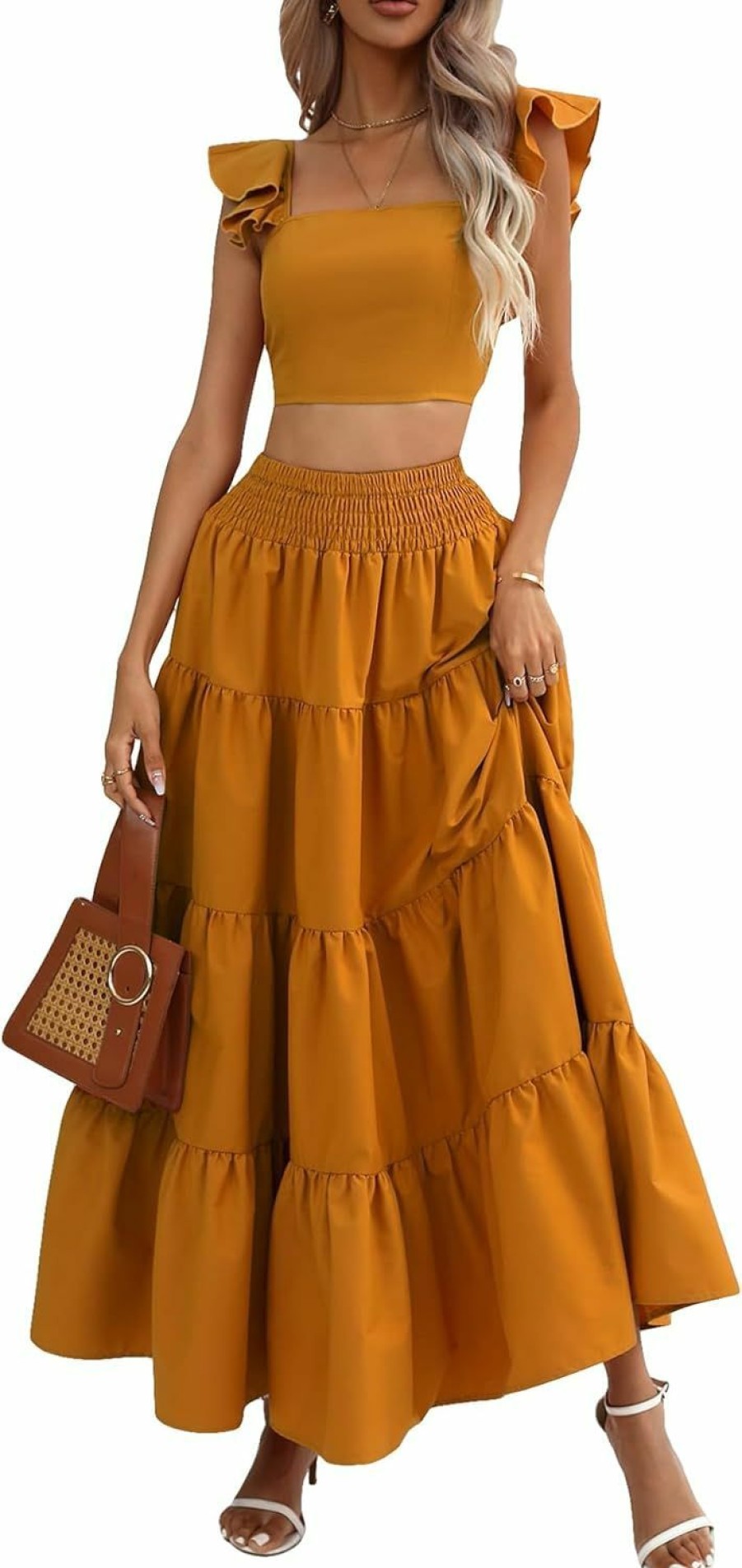 Hot Floerns Floerns Women'S 2 Piece Outfit Boho Solid Square Neck Crop Top And Ruffle Skirt Set