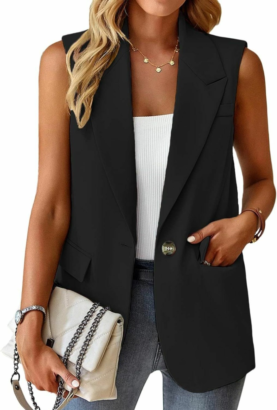 Hot Lajuacely Women'S Sleeveless Blazers Open Front Casual Blazer Vests Solid Color Lapel Single Button Lightweight Jackets Women