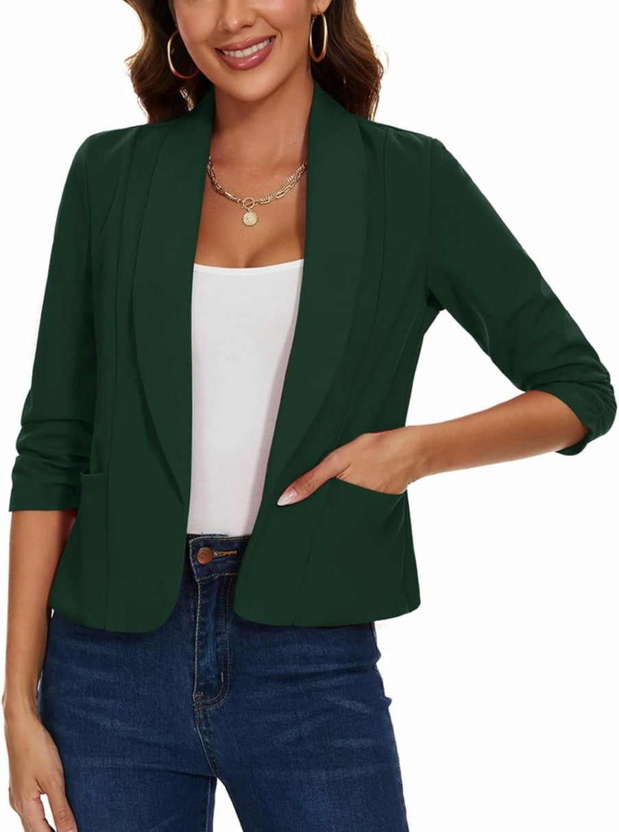 Clearance MINTLIMIT Mintlimit Womens Casual Blazers Open Front Shawl Lapel 3/4 Ruched Sleeve Blazer Work Office Lightweight Jackets With Pockets