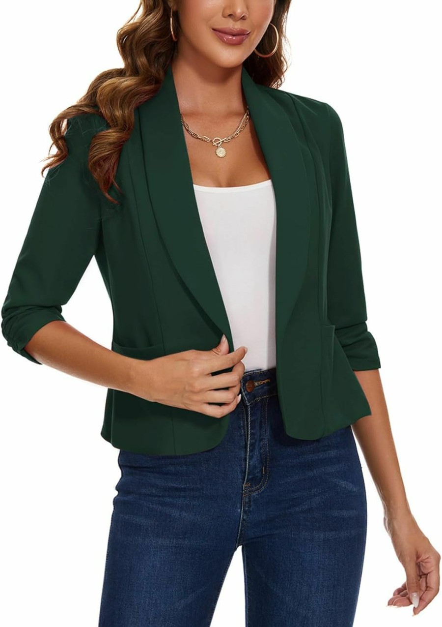 Clearance MINTLIMIT Mintlimit Womens Casual Blazers Open Front Shawl Lapel 3/4 Ruched Sleeve Blazer Work Office Lightweight Jackets With Pockets