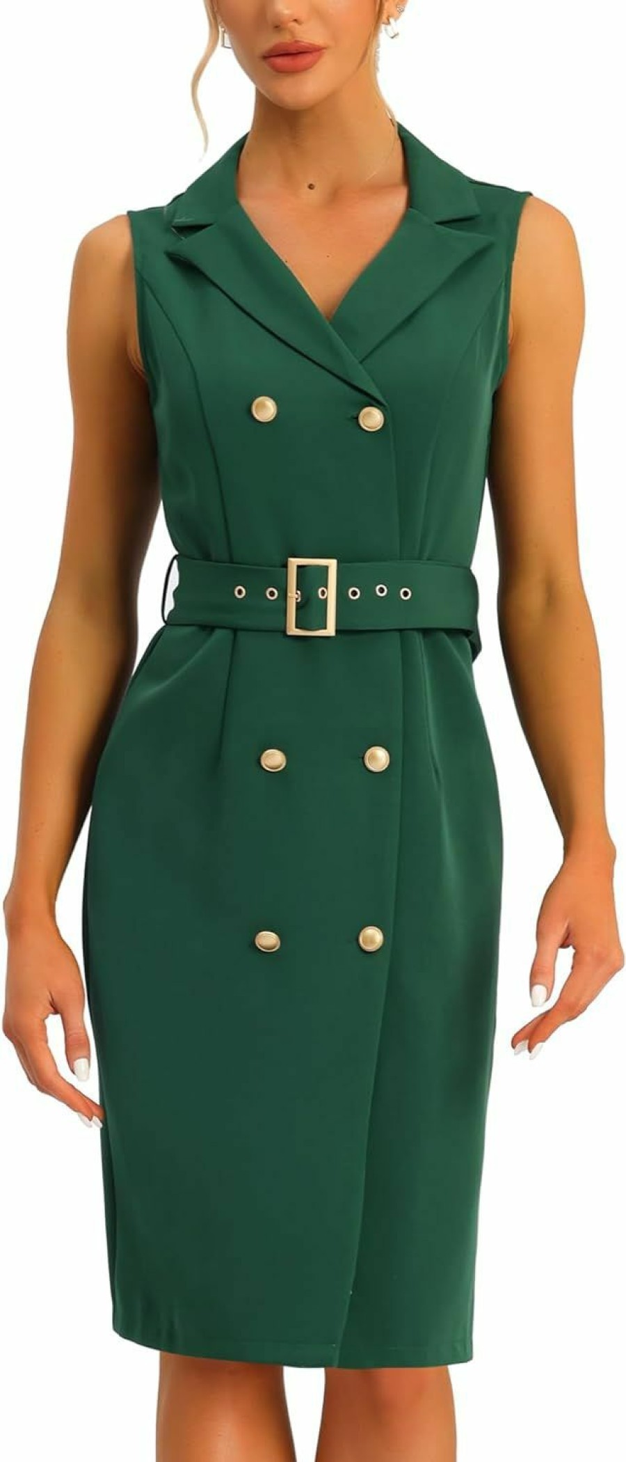 New Allegra K Allegra K Women'S Sleeveless Notched Lapel Double Breasted Belted Work Office Blazer Dress