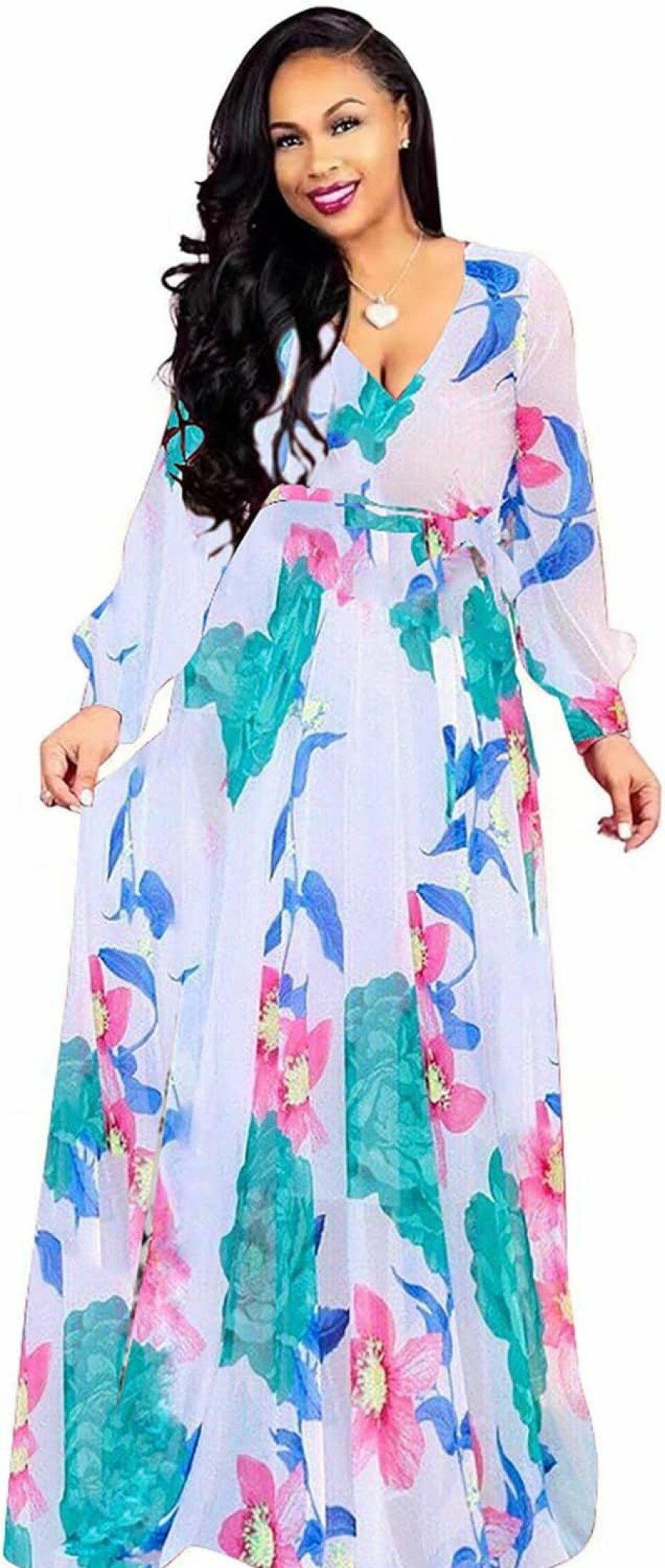 Online BOGURST Bogurst Plus Size Maxi Dress For Women Chiffon Deep V-Neck Printed Loose Summer Beach Dresses