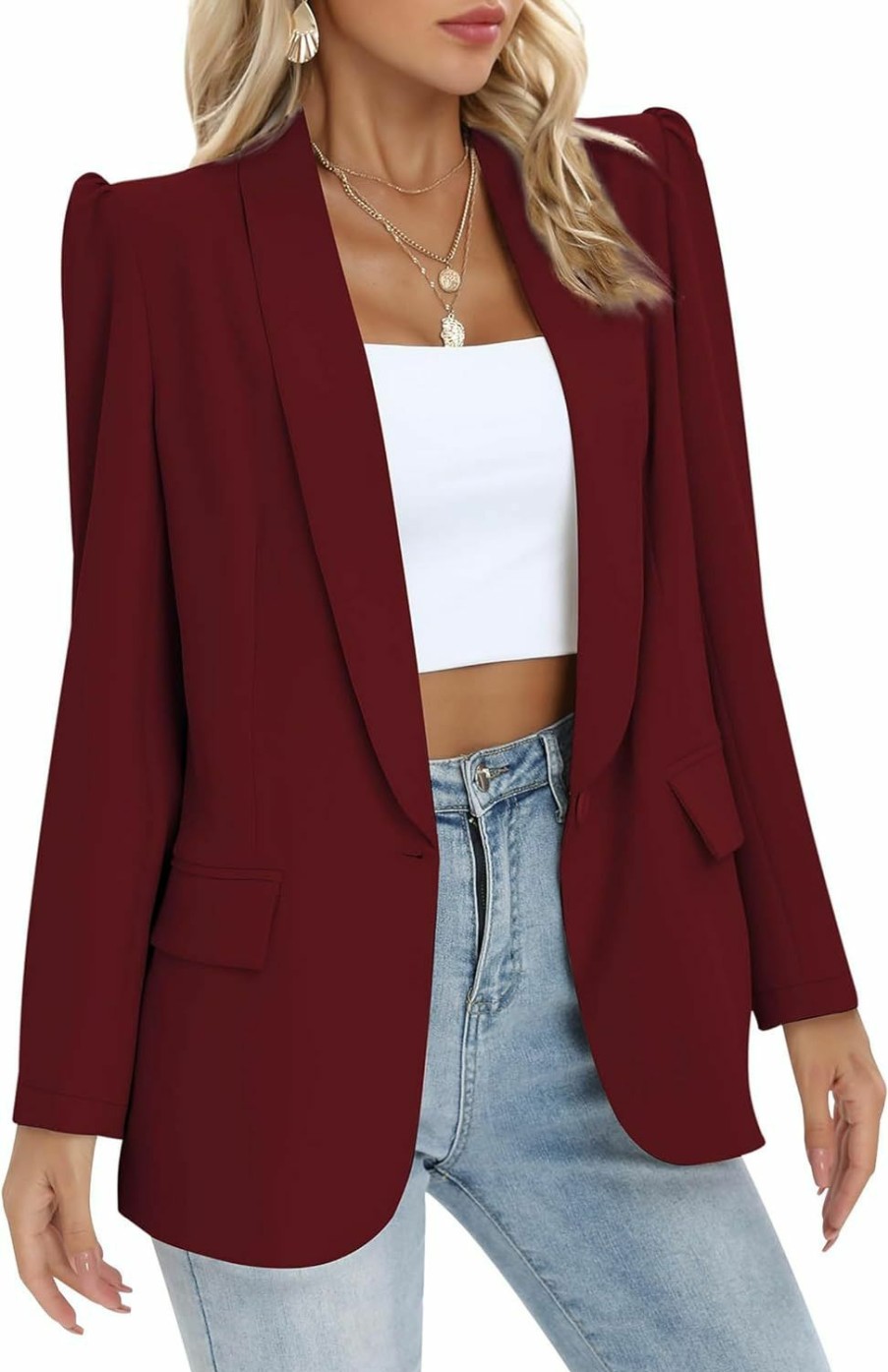 Hot INFULEIMU Puff Long Sleeve Blazers For Women Business Casual Open Front Work Blazer Jackets With Pockets