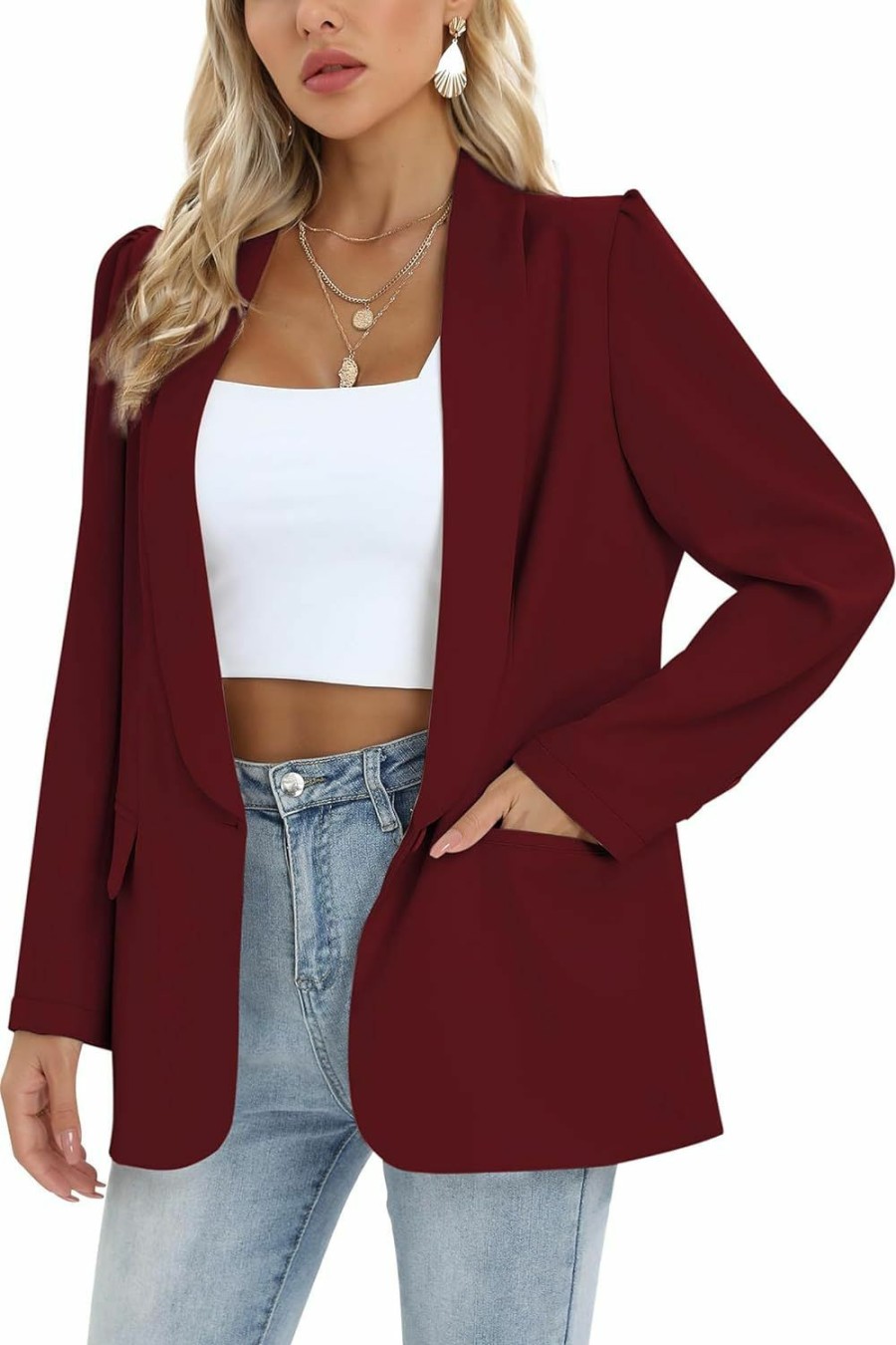 Hot INFULEIMU Puff Long Sleeve Blazers For Women Business Casual Open Front Work Blazer Jackets With Pockets