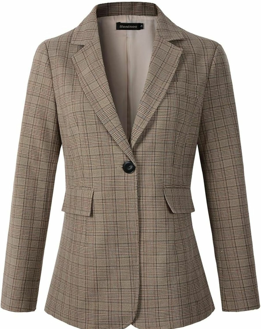 Hot Beninos Beninos Womens Casual Blazers One Button Plaid Blazer Jacket