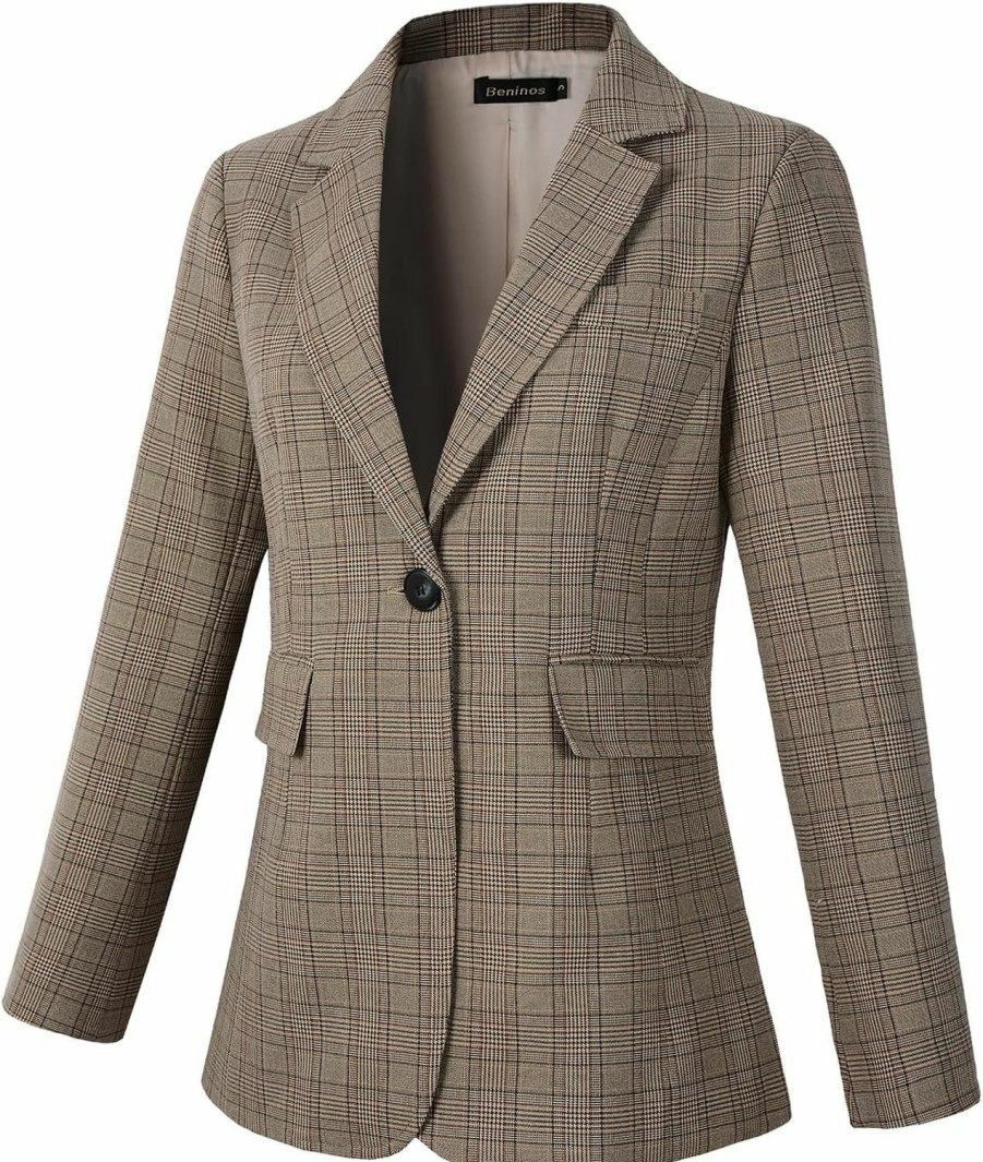 Hot Beninos Beninos Womens Casual Blazers One Button Plaid Blazer Jacket