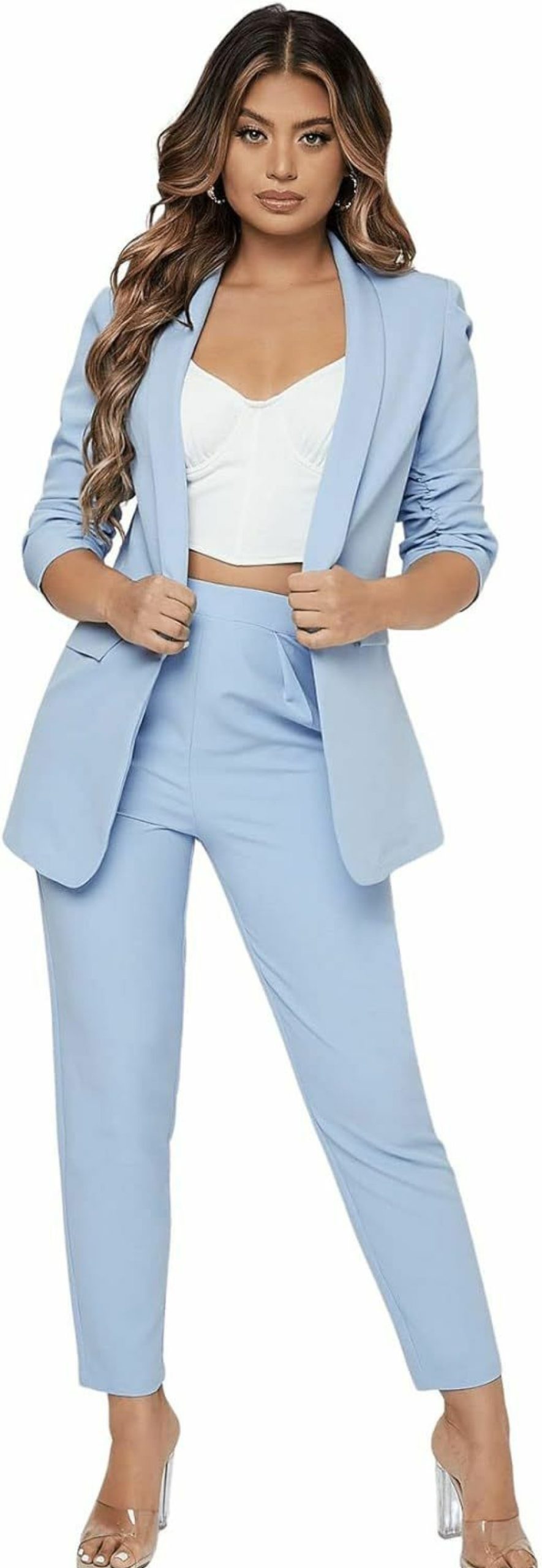 Hot SweatyRocks Sweatyrocks Women'S 2 Piece Solid Ruched Sleeve Blazer And Pants Business Office Suit Set