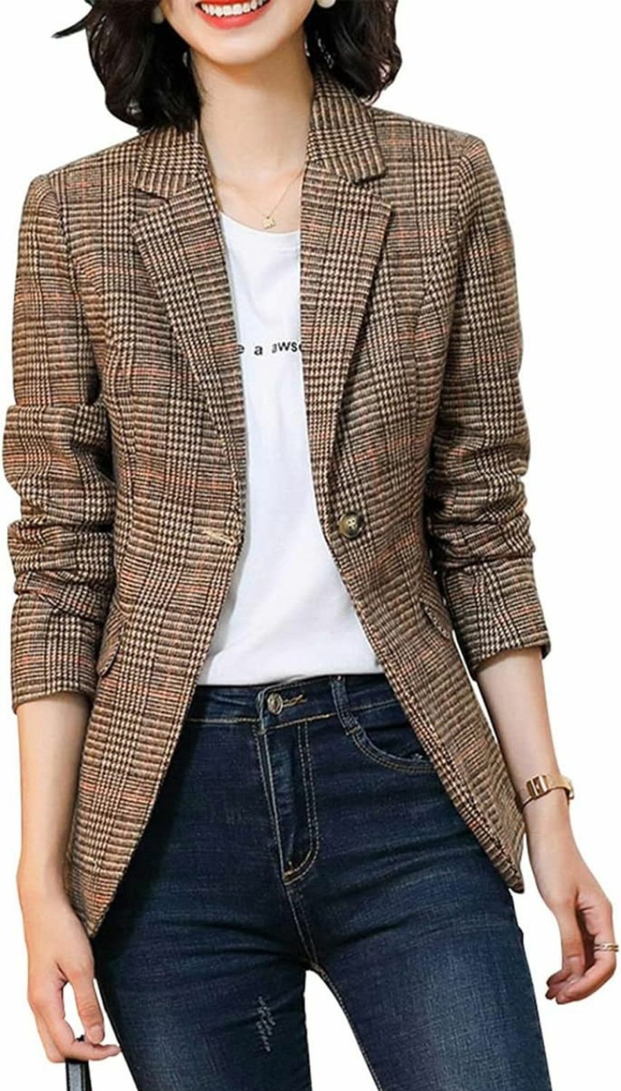 Wholesale Leyoutx Womens Plaid Blazer Classic Notch Lapel Button Long Sleeve Slim Checker Jacket Outwear