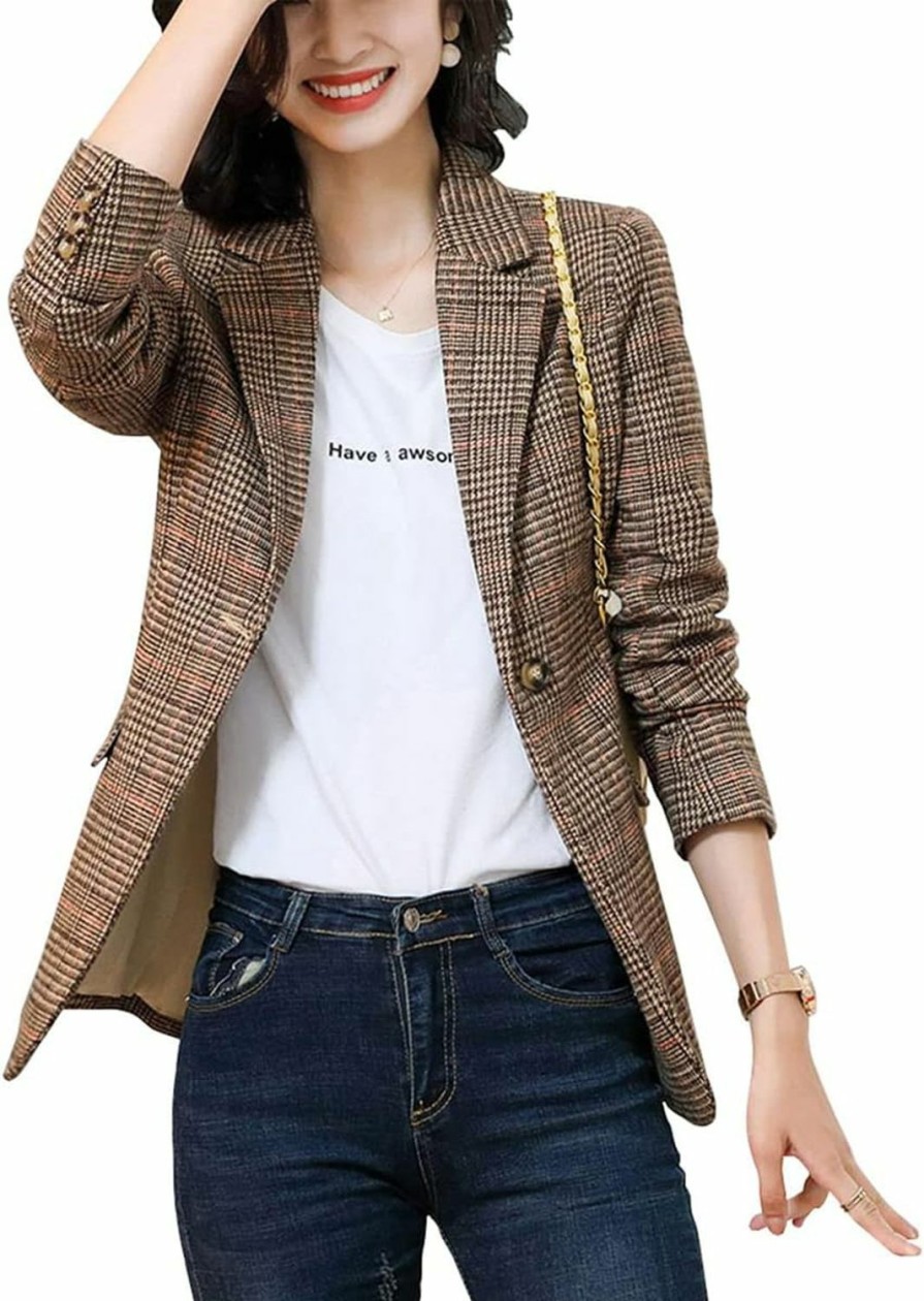 Wholesale Leyoutx Womens Plaid Blazer Classic Notch Lapel Button Long Sleeve Slim Checker Jacket Outwear