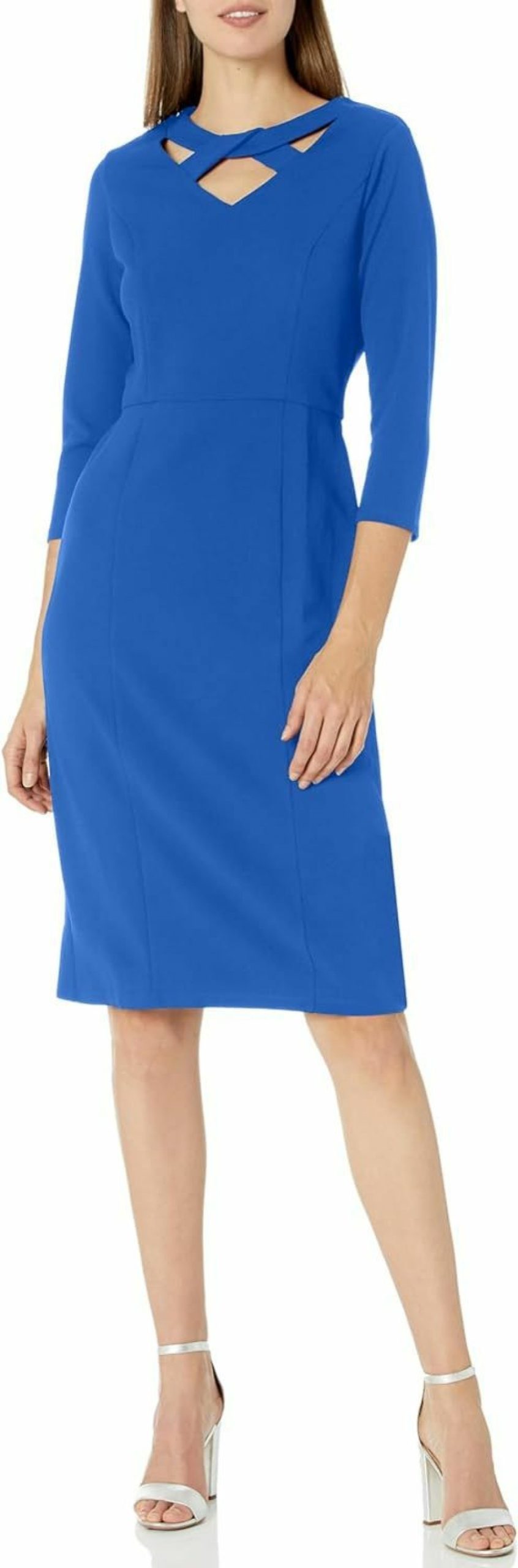 New London Times London Times Women'S Scuba Crepe Neckline Detail Midi Sheath