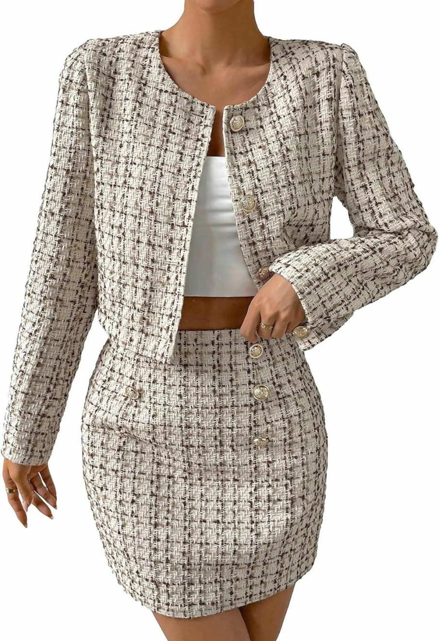 Wholesale SweatyRocks Sweatyrocks Women'S Business Suit 2 Pieces Tweed Blazer Jacket Coat And Skirt Set