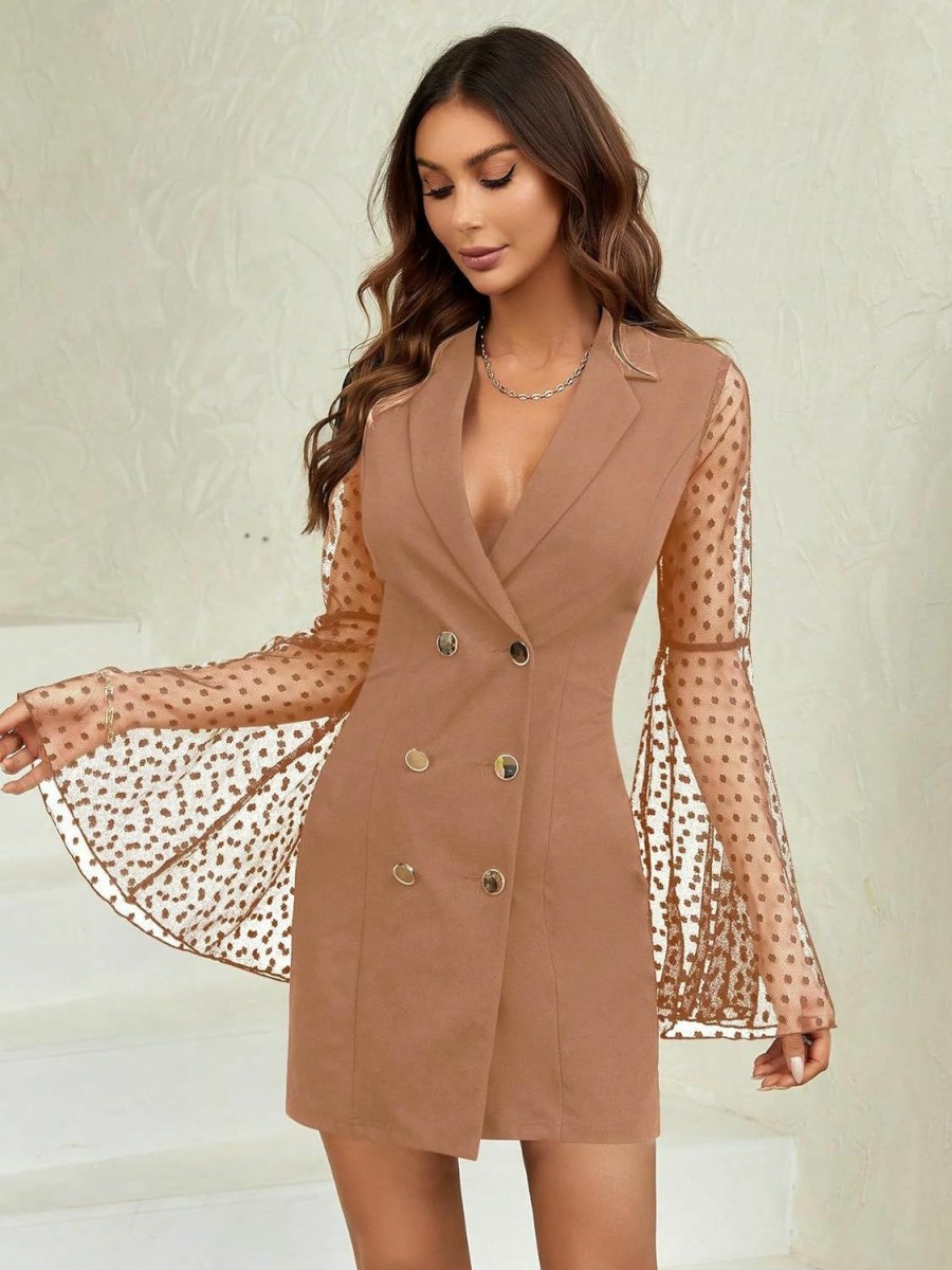 Best WDIRARA Wdirara Women'S Contrast Mesh Waistcoat Flare Sleeve Polka Dots Lapel Neck Double Breasted Wrap Blazer Dress