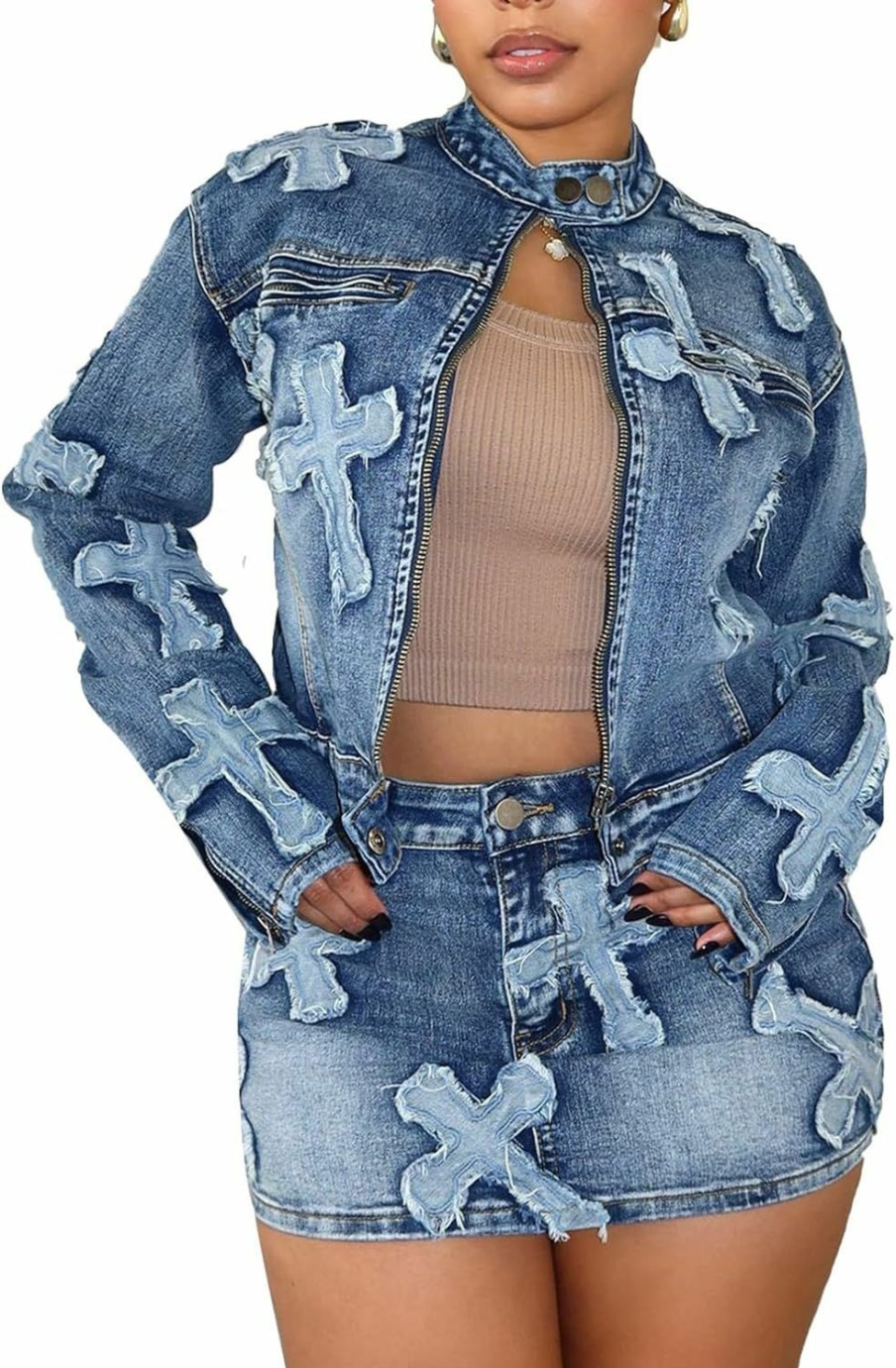 New KANSOON Kansoon Skirt Sets Women 2 Piece Outfits Denim Long Sleeve Full Zip Embroidery Crop Jean Jacket Mini Skirt Set