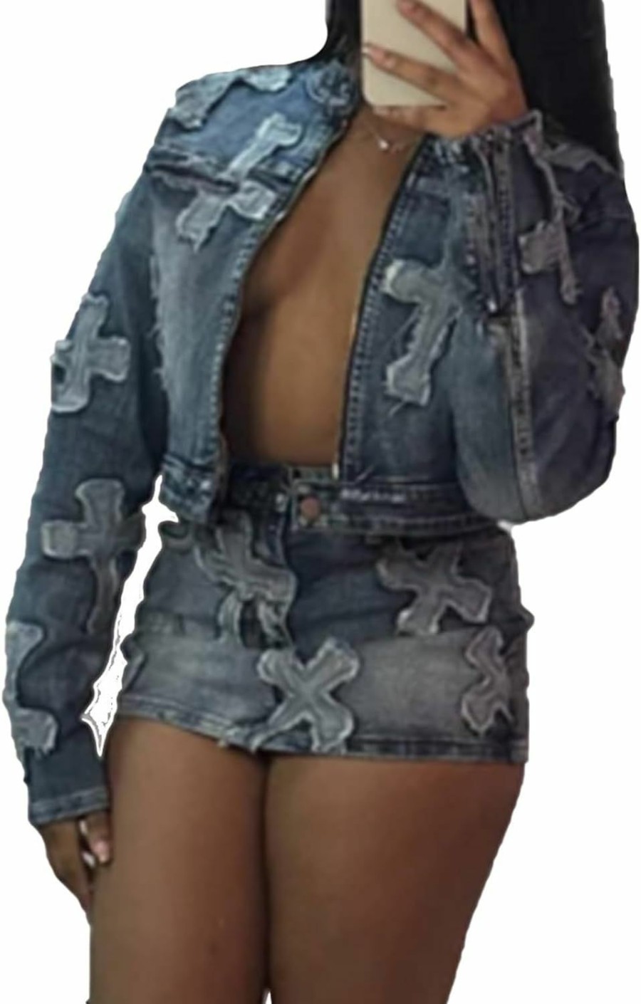 New KANSOON Kansoon Skirt Sets Women 2 Piece Outfits Denim Long Sleeve Full Zip Embroidery Crop Jean Jacket Mini Skirt Set