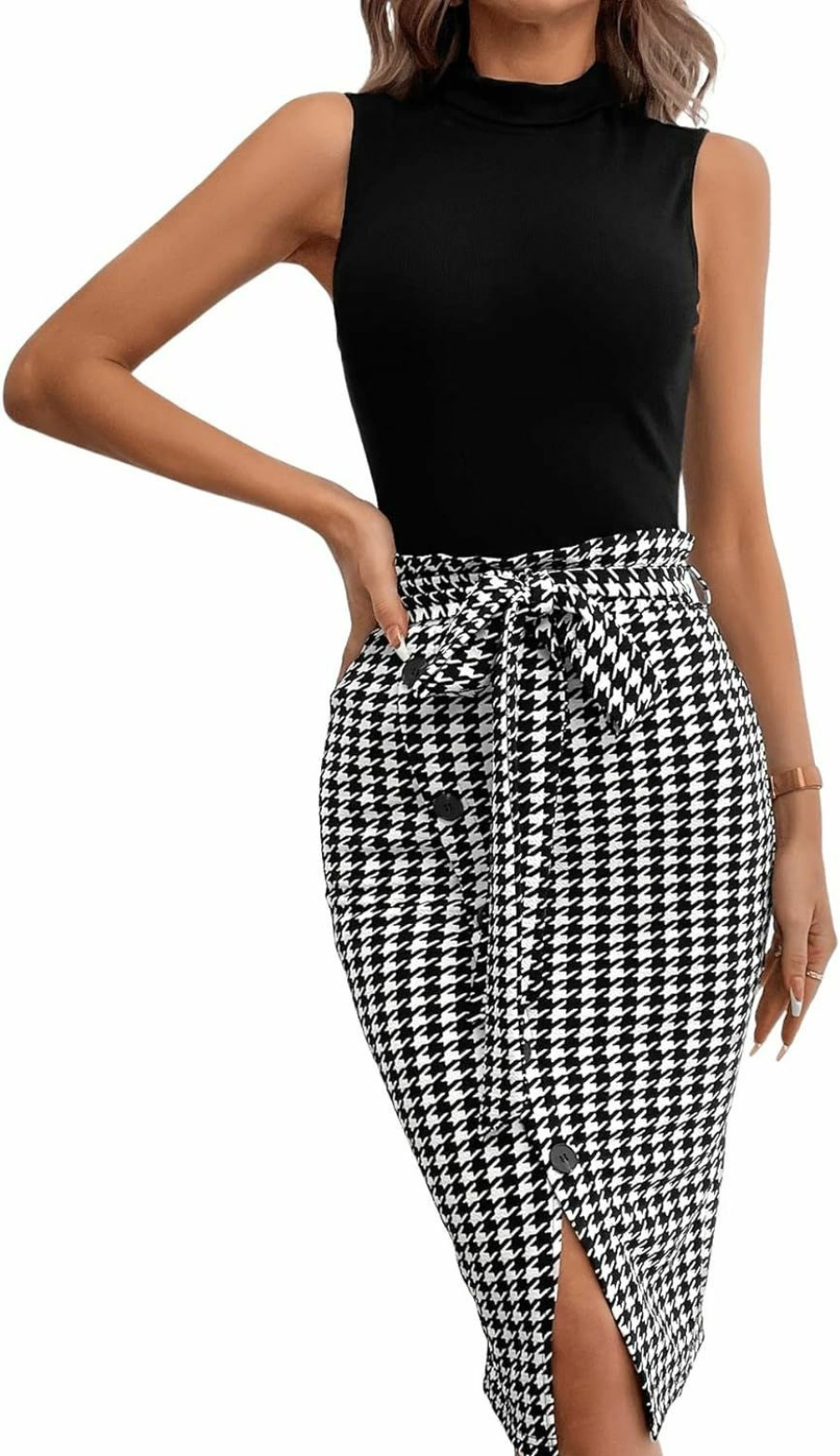 Online Floerns Floerns Women'S 2 Piece Outfit Mock Neck Tank Top Houndstooth Skirt Set Dress