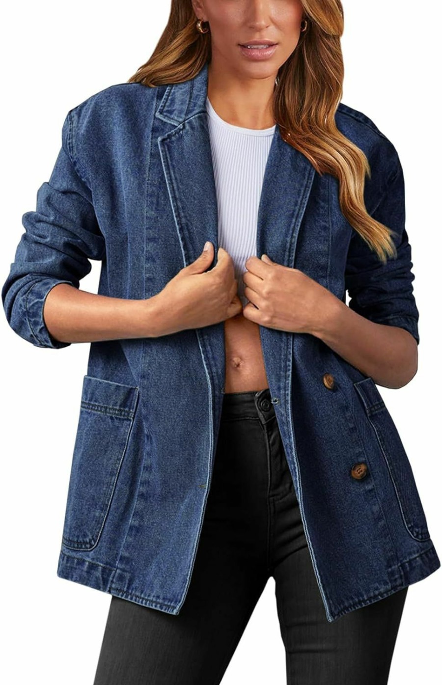 New Tankaneo Tankaneo Womens Oversized Denim Jacket Casual Button Up Blazer Notched Lapel Jean Shacket Coat