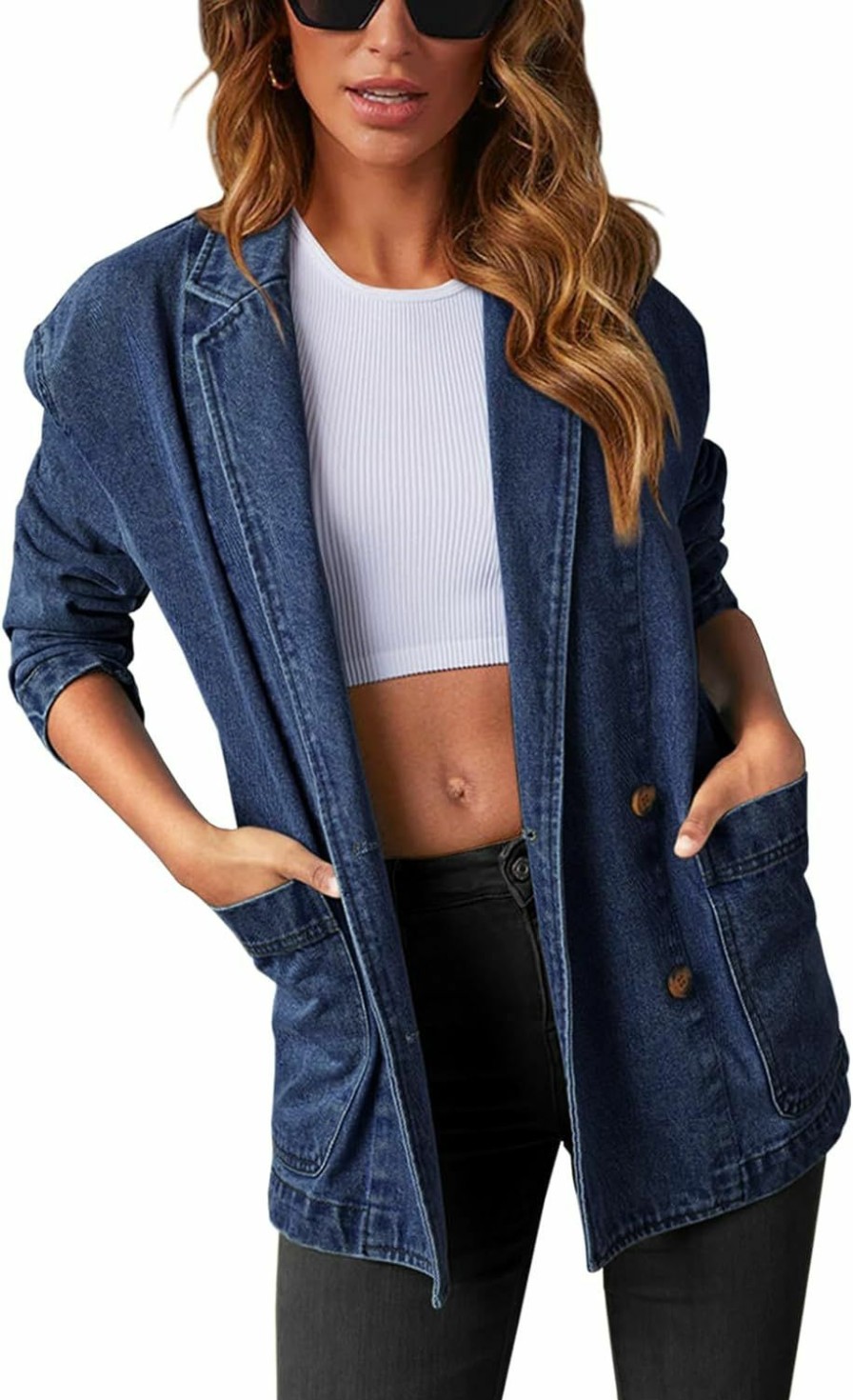 New Tankaneo Tankaneo Womens Oversized Denim Jacket Casual Button Up Blazer Notched Lapel Jean Shacket Coat