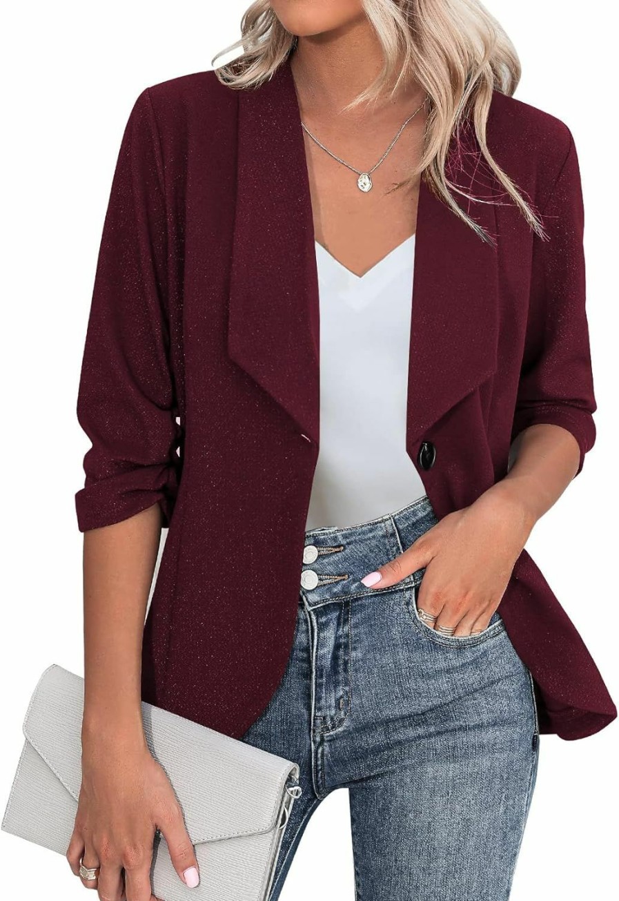 Online Beyove Beyove Women'S 3/4 Sleeve Blazer Open Front Cardigan Jacket Work Office Blazer Wine Red L