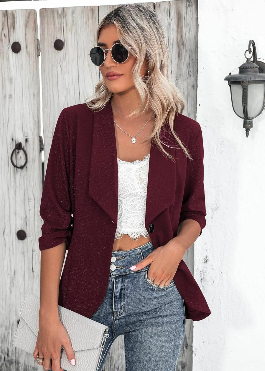 Online Beyove Beyove Women'S 3/4 Sleeve Blazer Open Front Cardigan Jacket Work Office Blazer Wine Red L