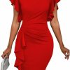 Hot Yajedo Womens Summer Short Ruffle Sleeve Dress 50S Vintage Ruched Crew Neck Bodycon Church Work Pencil Midi Dress