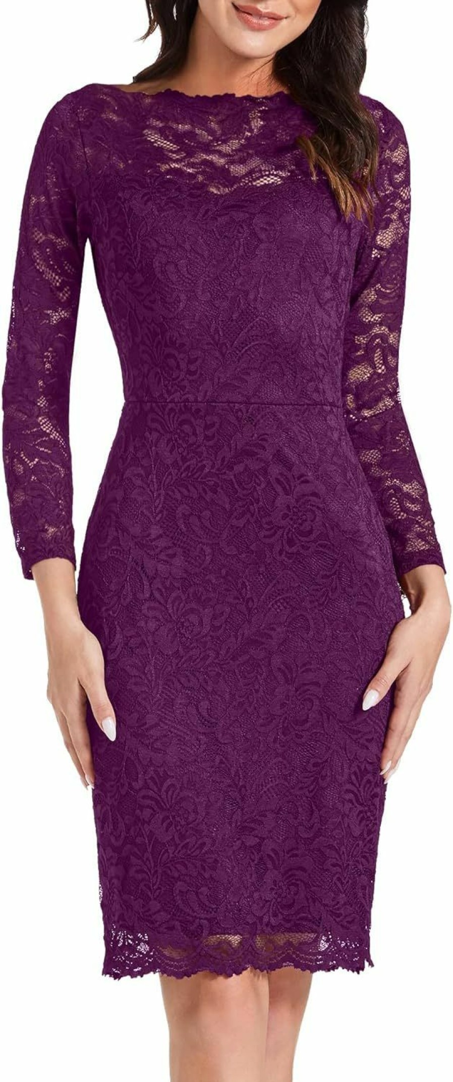 Hot MSLG Mslg Women'S Elegant Floral Lace Business Bateau Neck Long Sleeves Cocktail Wedding Guest Bodycon Pencil Dress 906