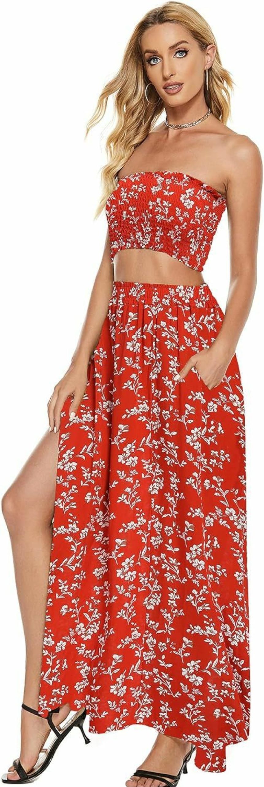 Hot Umenlele Umenlele Women'S 2 Piece Outfit Floral Print Crop Top And Long Skirt Set With Pockets