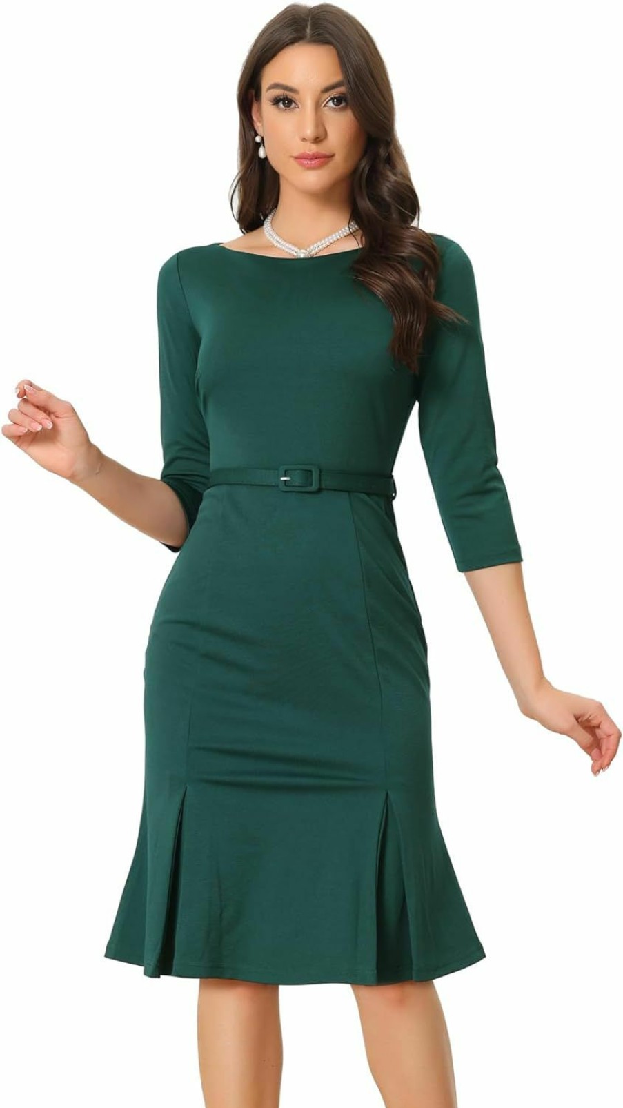 Wholesale Allegra K Allegra K Business Elegant Dresses For Women'S Boat Neck 3/4 Sleeve Pleated Modest Midi Dress