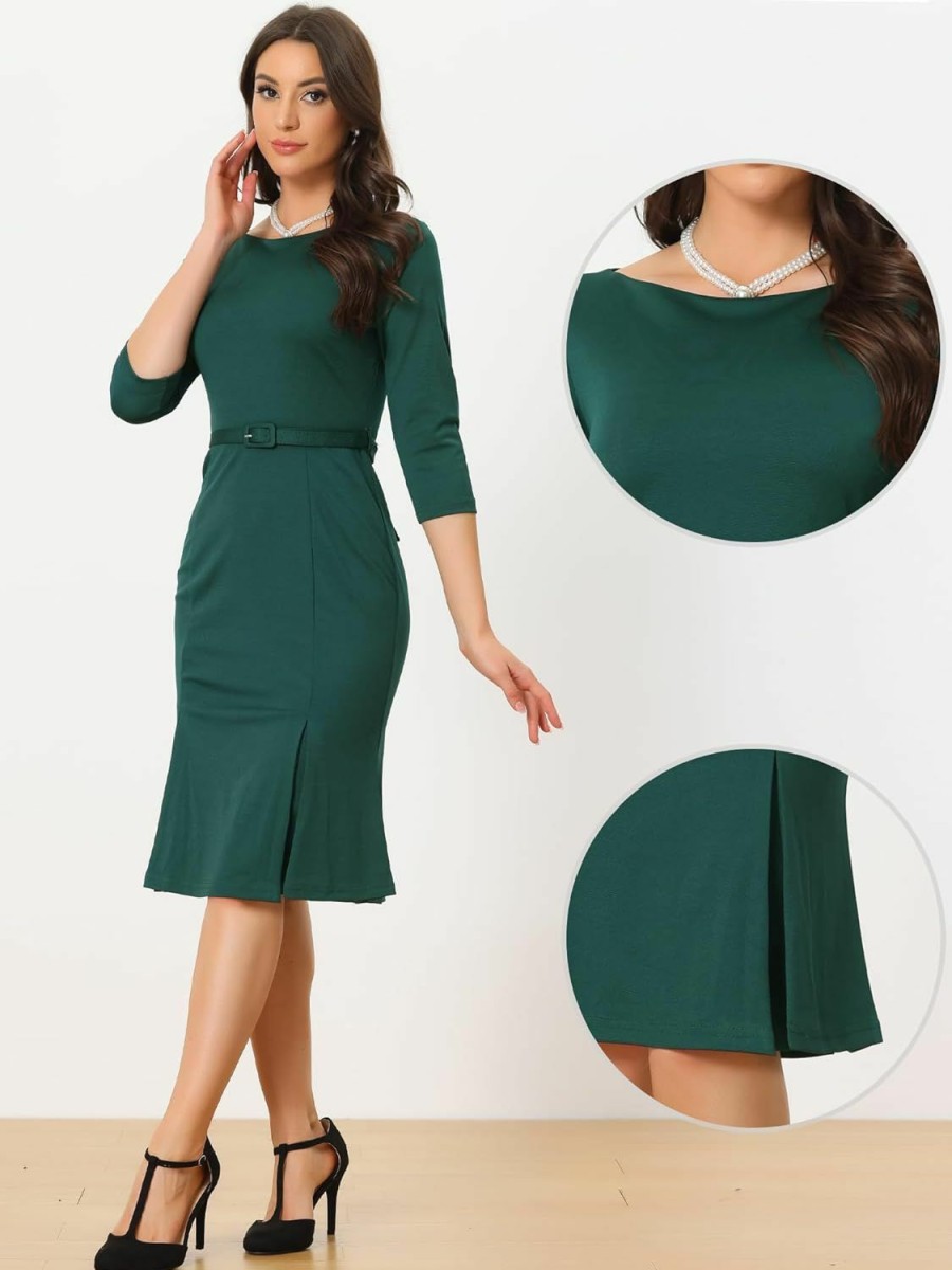 Wholesale Allegra K Allegra K Business Elegant Dresses For Women'S Boat Neck 3/4 Sleeve Pleated Modest Midi Dress