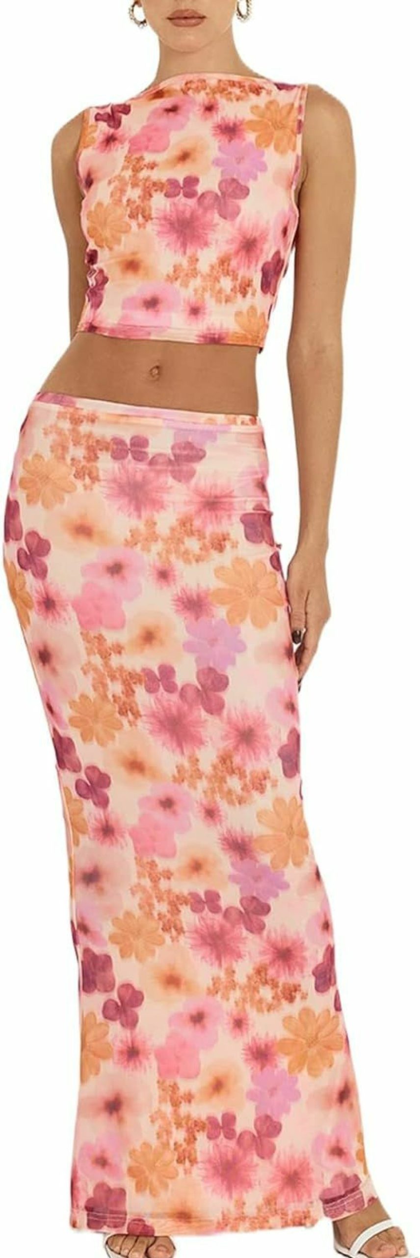 Clearance Tsnbre Women 2 Piece Long Skirt Set Floral Strapless Tube Top And Bodycon Maxi Skirts Summer Vintage Streetwear