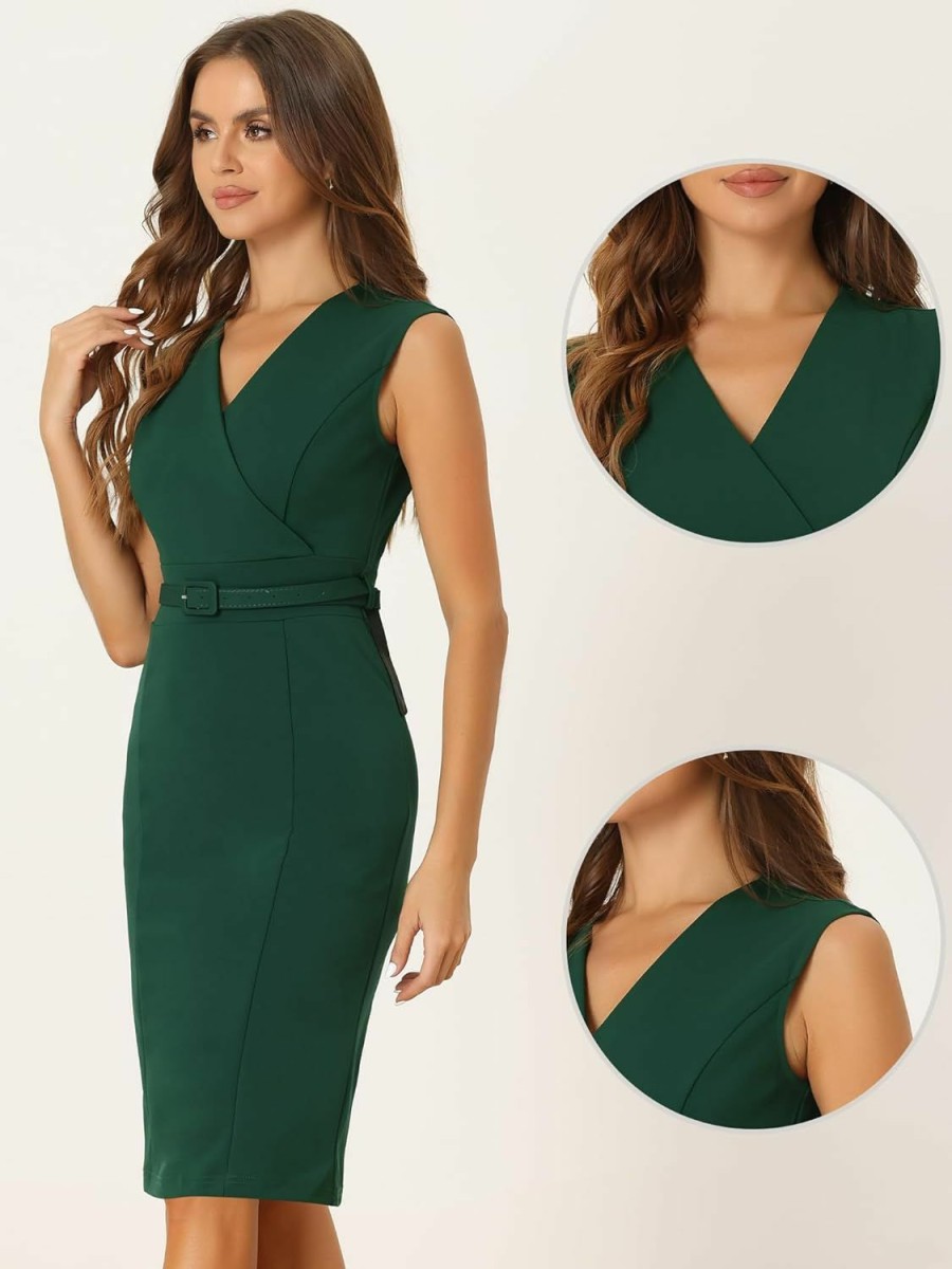 Best Allegra K Allegra K Sheath Dress For Women'S Sleeveless V Neck Business Office Belt Pencil Dresses