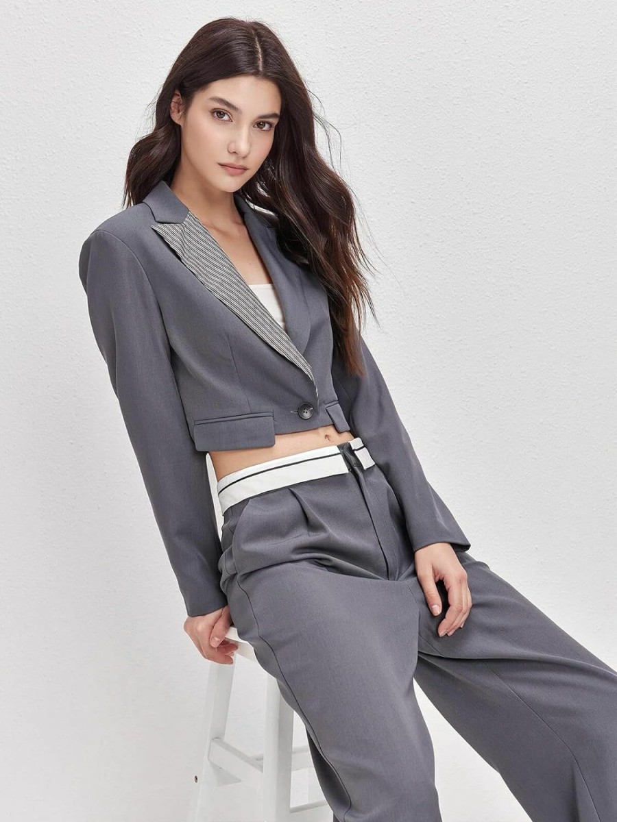 Best AMIMIV Womens Cropped Blazer Casual Business Long Sleeve Open Front With Button Striped Lapel Work Jacket