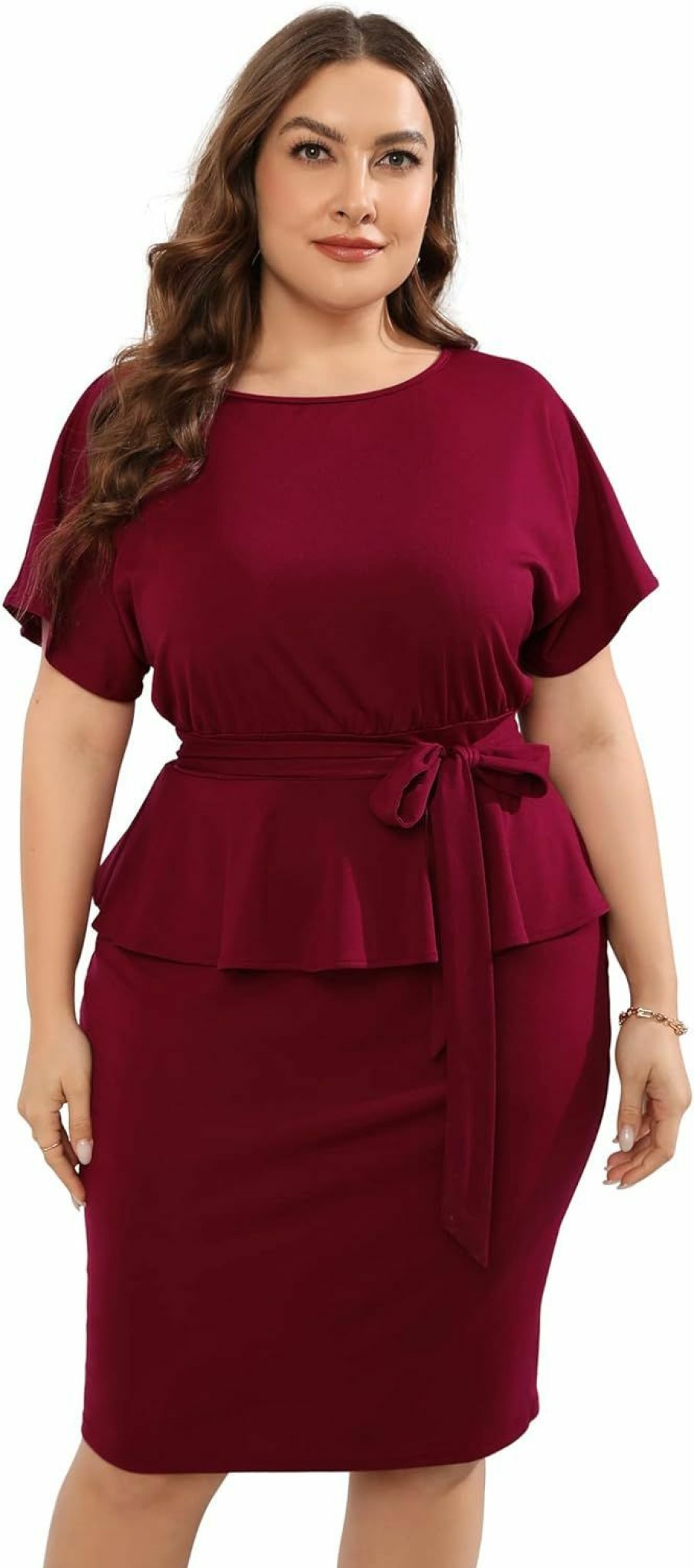 Hot KOJOOIN Kojooin Women Plus Size Bodycon Elegant Midi Dress Peplum Business Work Office Sheath Pencil Cocktail Party Dress With Belt