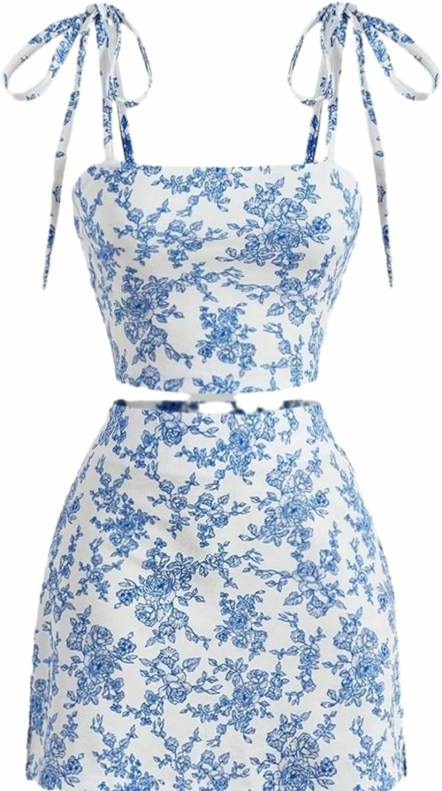 New Floerns Floerns Women'S 2 Piece Outfit Floral Print Tie Shoulder Cami Top With Skirt Set Blue And White Small