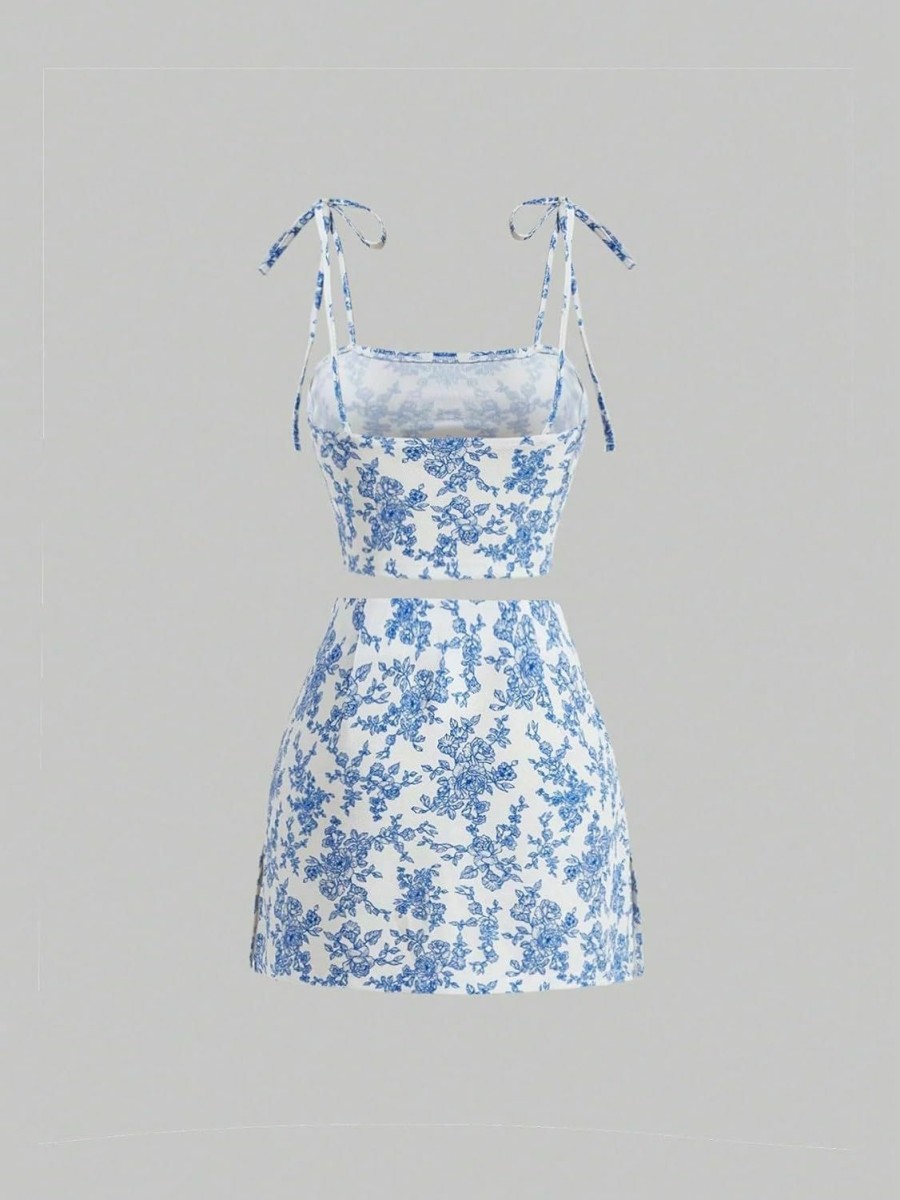 New Floerns Floerns Women'S 2 Piece Outfit Floral Print Tie Shoulder Cami Top With Skirt Set Blue And White Small