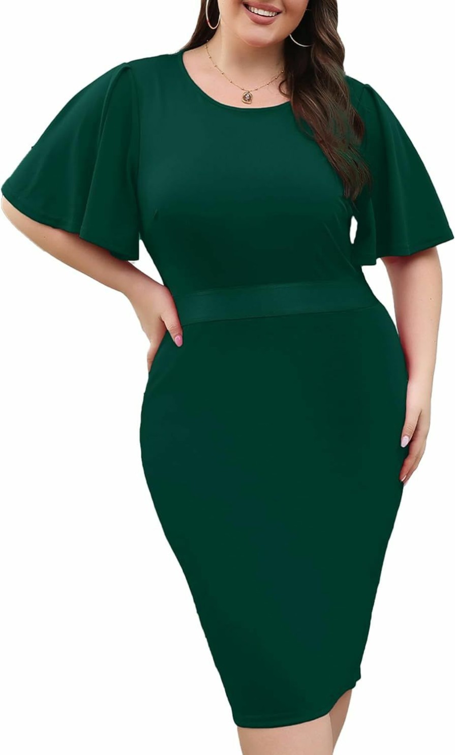 Online KIMCURVY Kimcurvy Women Plus Size Basic Bodycon Ruffle Sleeve Elegant Slim Fit Pencil Dress