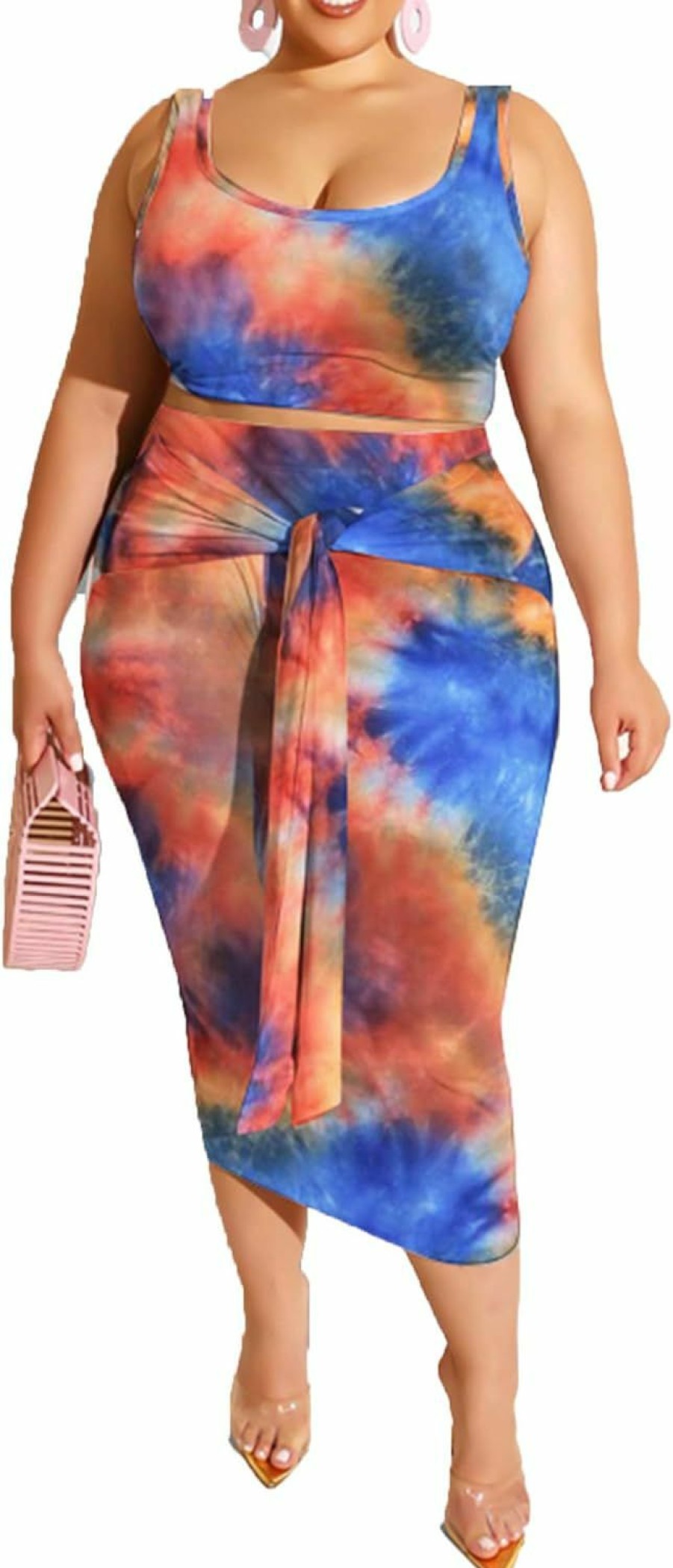 Clearance IyMoo Iymoo Womens Sexy Plus Size 2 Piece Midi Dress Outfits - Sleeveless Tie Dye Print Tank Crop Top Bodycon Skirts Set