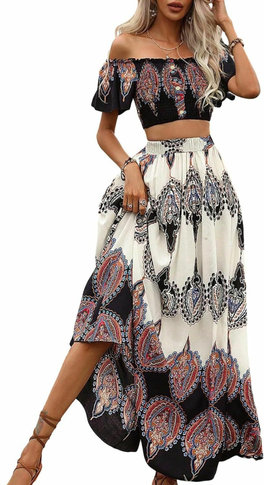 Hot Verdusa Verdusa Women'S 2 Piece Set Boho Flounce Short Sleeve Shirred Crop Top And High Waist A Line Maxi Skirt