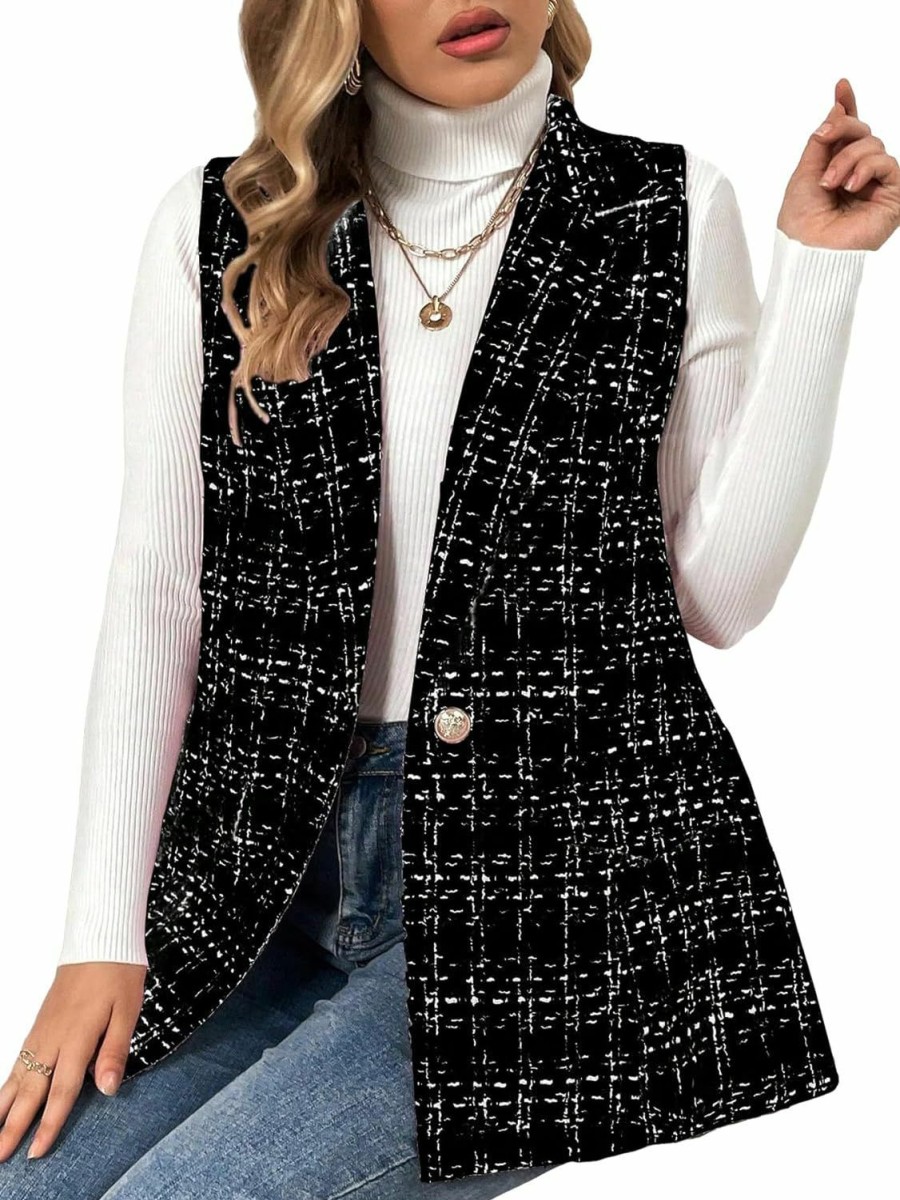 Clearance WDIRARA Wdirara Women'S Plus Size Plaid Button Open Front Sleeveless Blazer Jacket