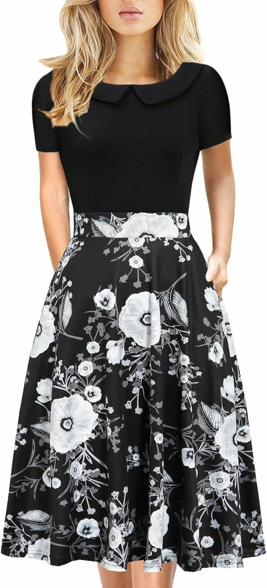 Best HELYO Women'S Elegant Vintage Cotton Casual Floral Print Work Party Peter Pan Collar A-Line Dress With Pockets 978